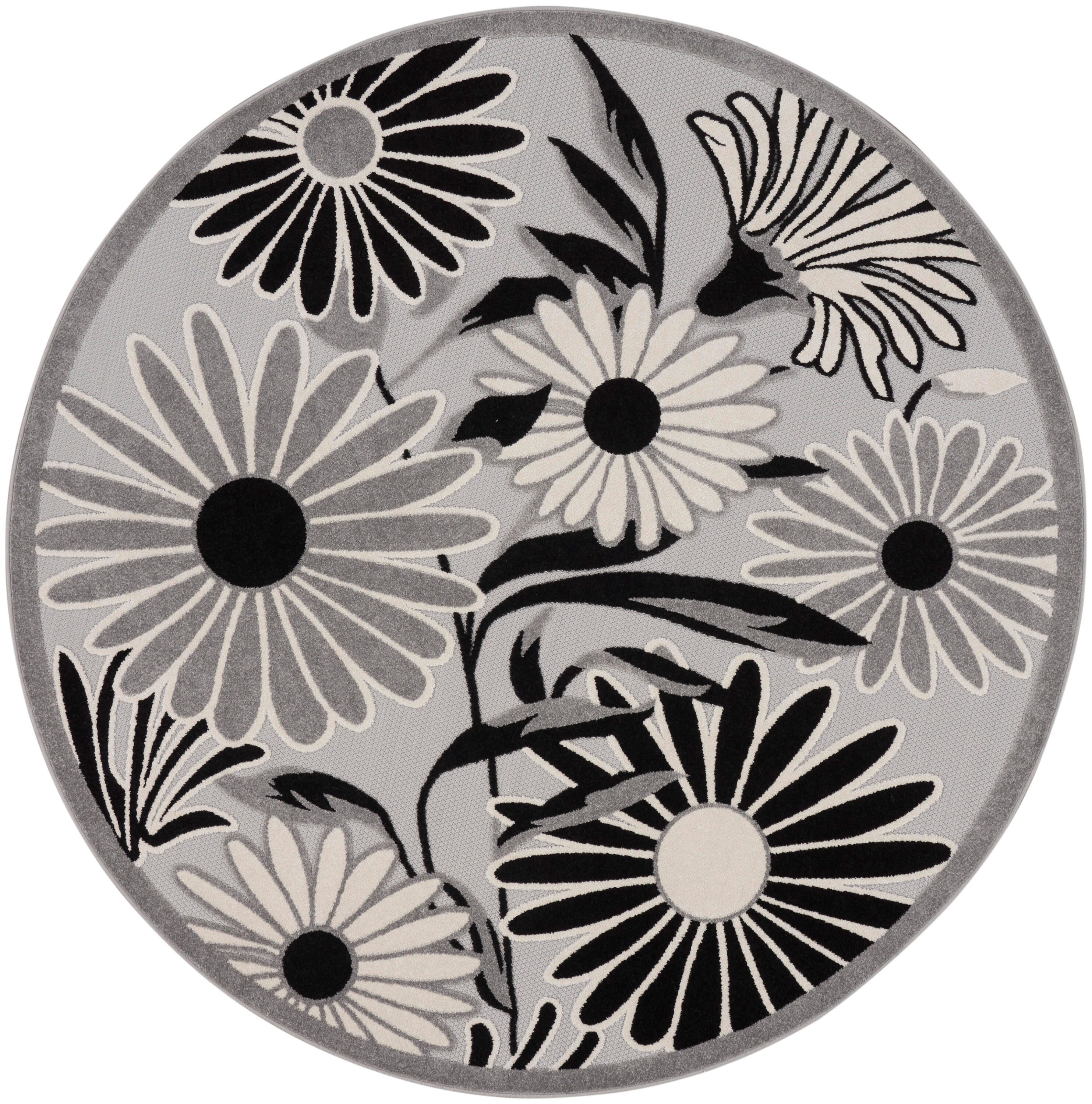 Nourison Home Splash 7'10"X Round Daisy Floral Area Rug, Black/White, large