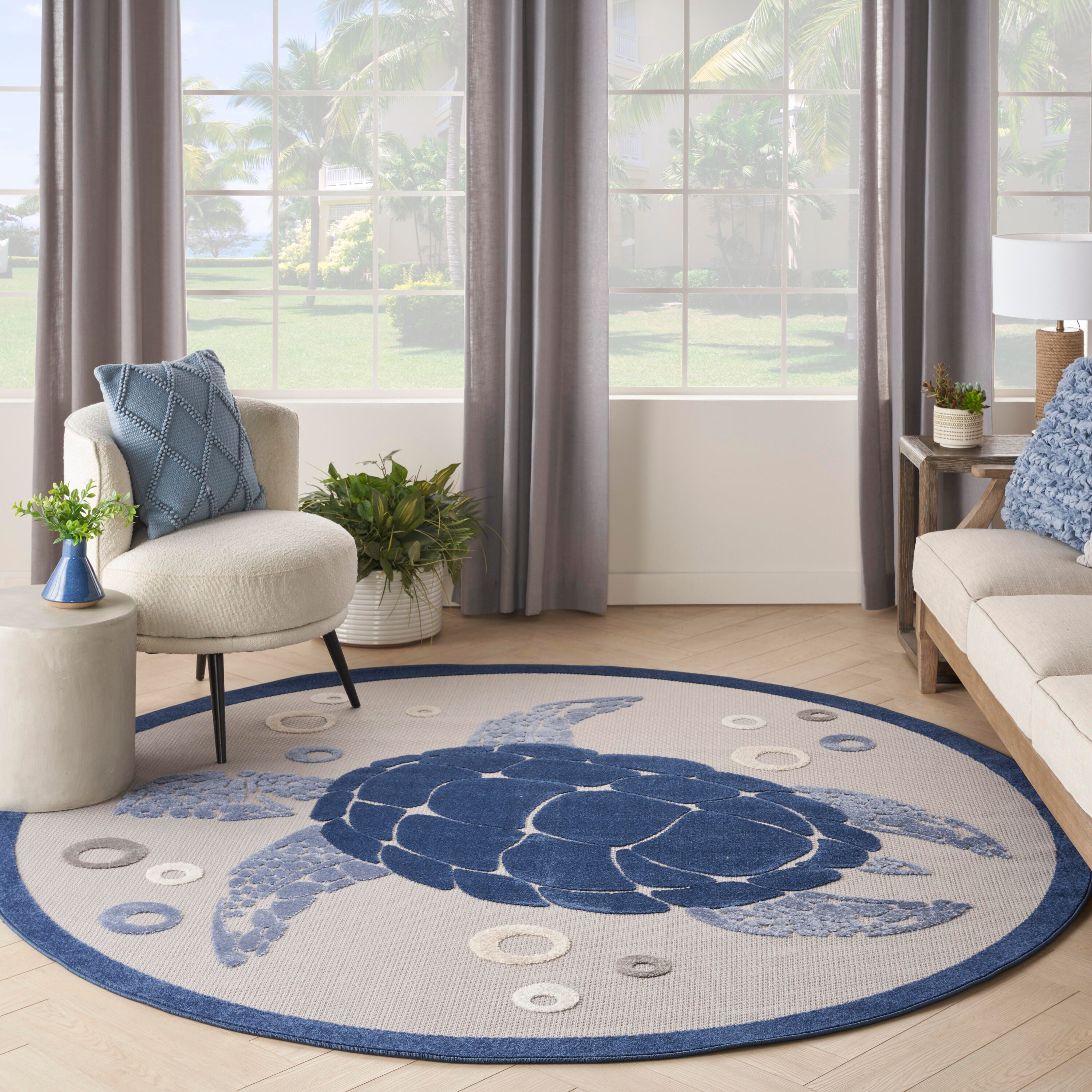 Nourison Home Splash 7'10"X Round Motif Area Rug, Navy Blue, large