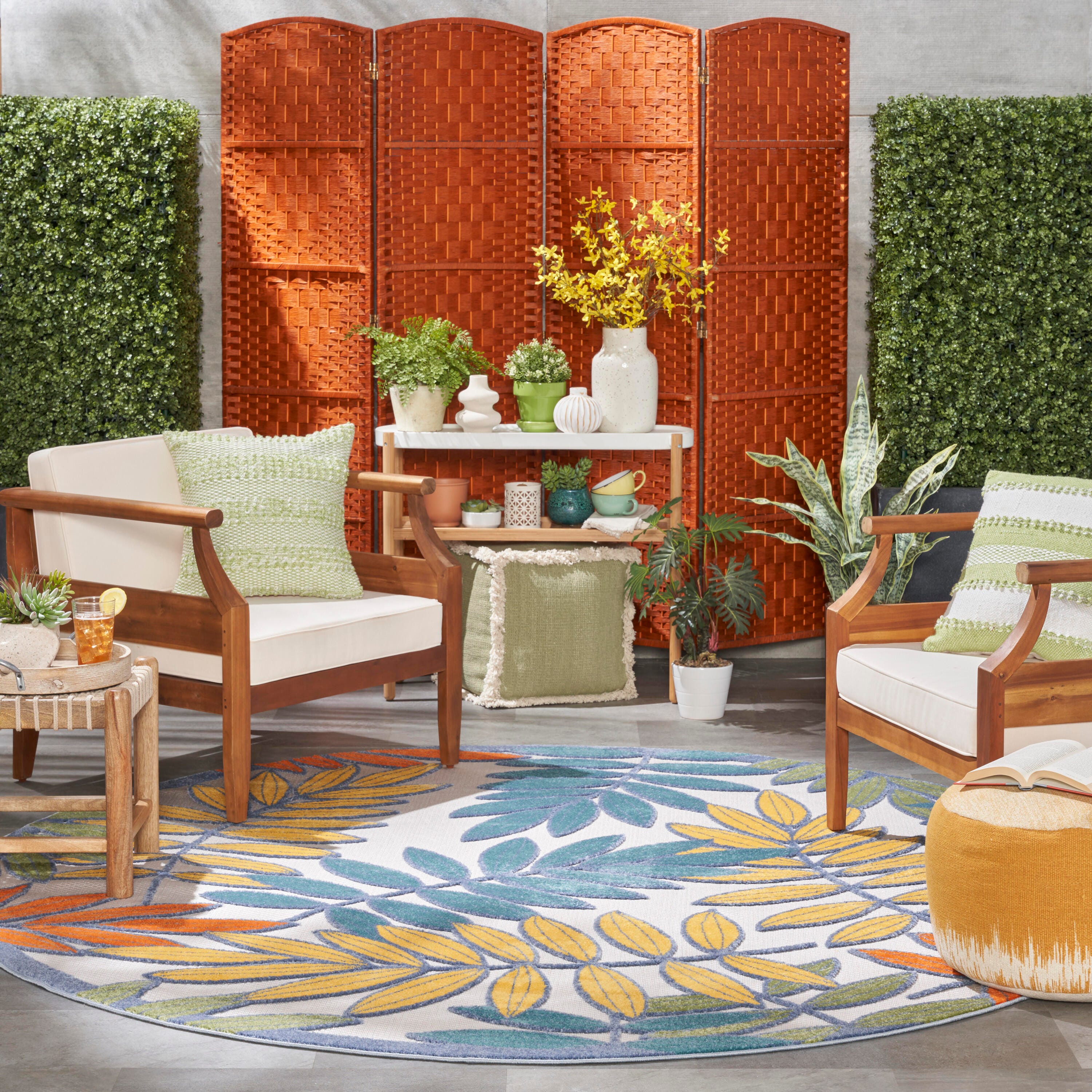 Nourison Home Splash 7'10"X Round Botanical Pattern Area Rug, Ivory/Multi, large