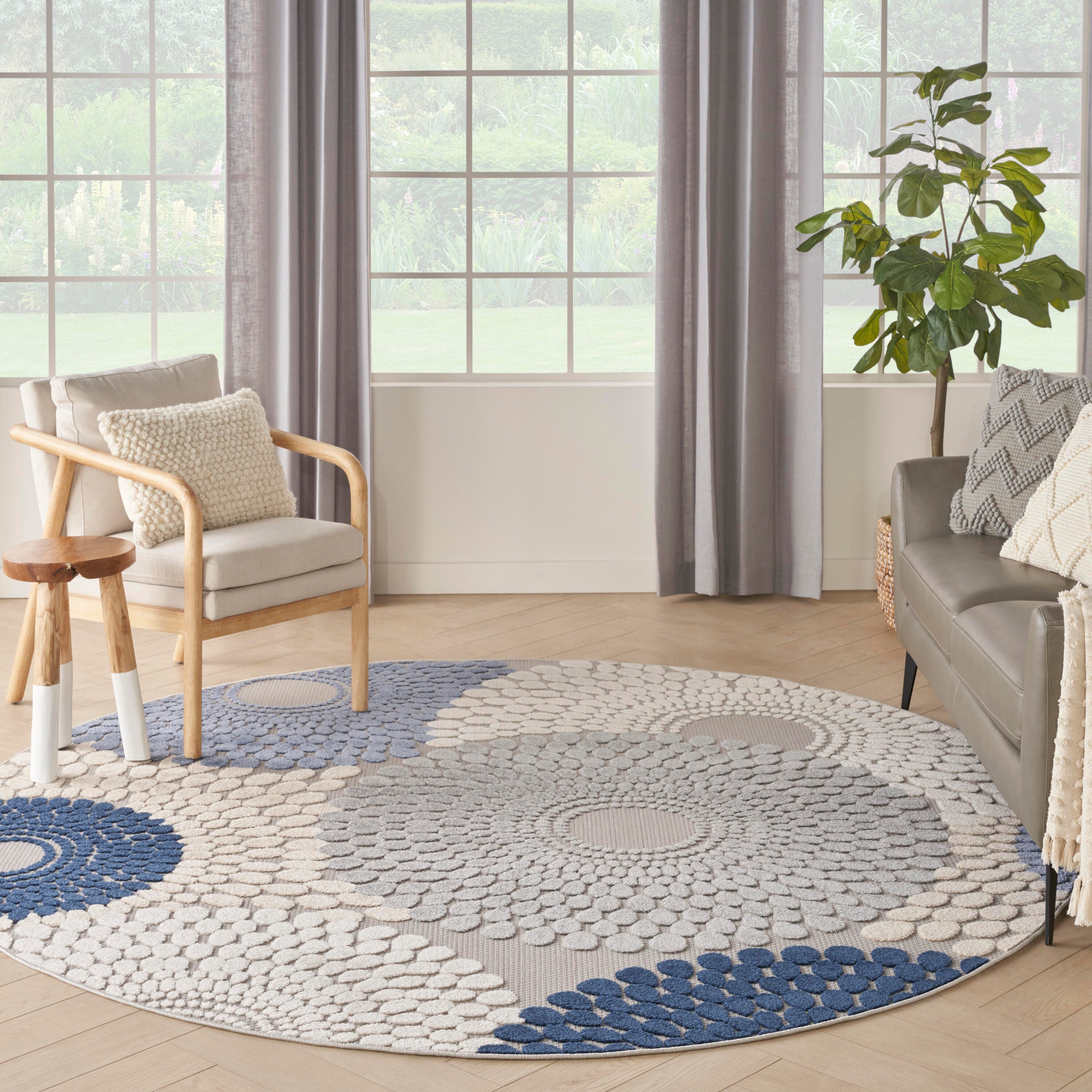 Nourison Home Splash 7'10"X Round Circular Floral Area Rug, Blue/Gray, large