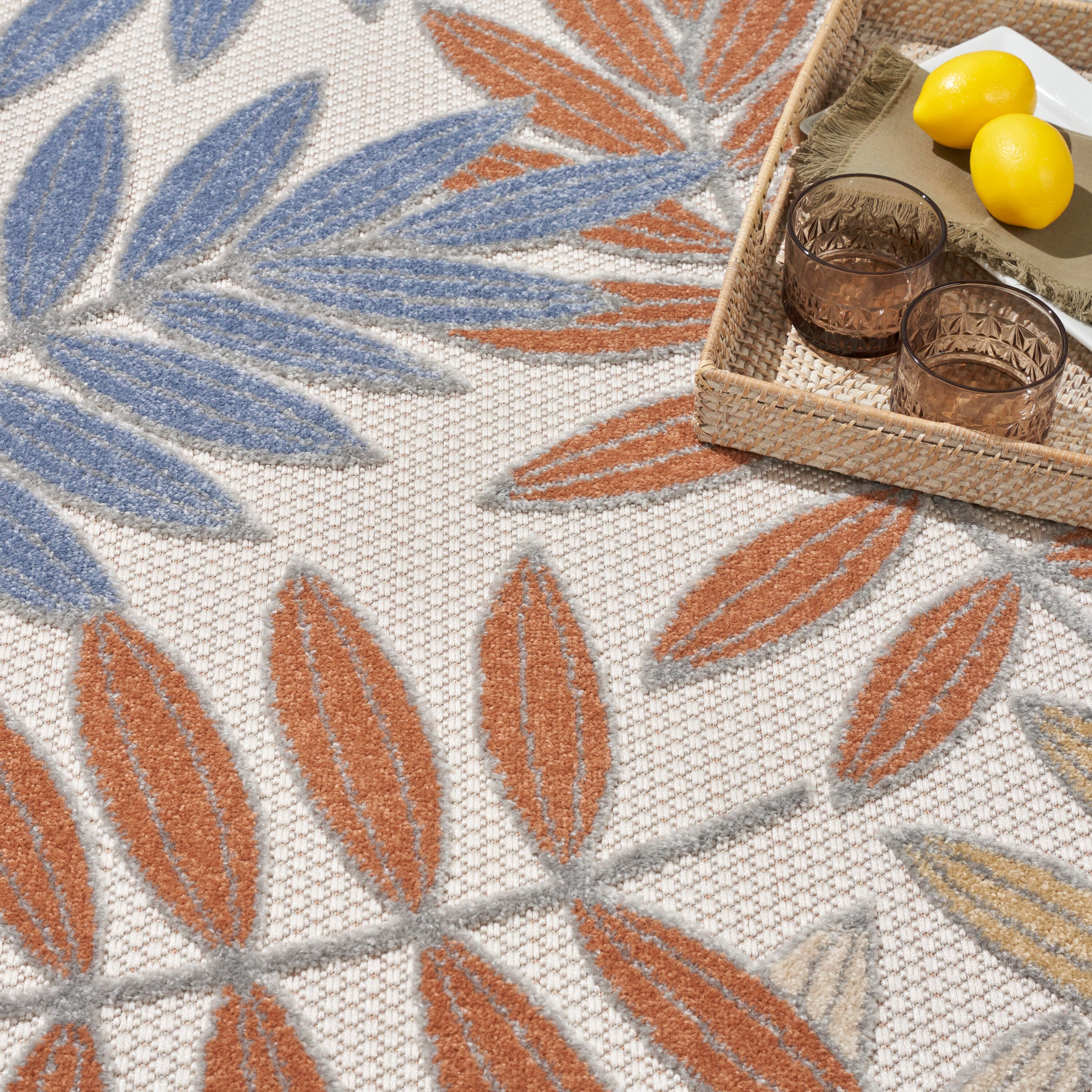 Nourison Home Splash 7'10"X Round Botanical Pattern Indoor/Outdoor Area Rug, Blue/Mocha, large