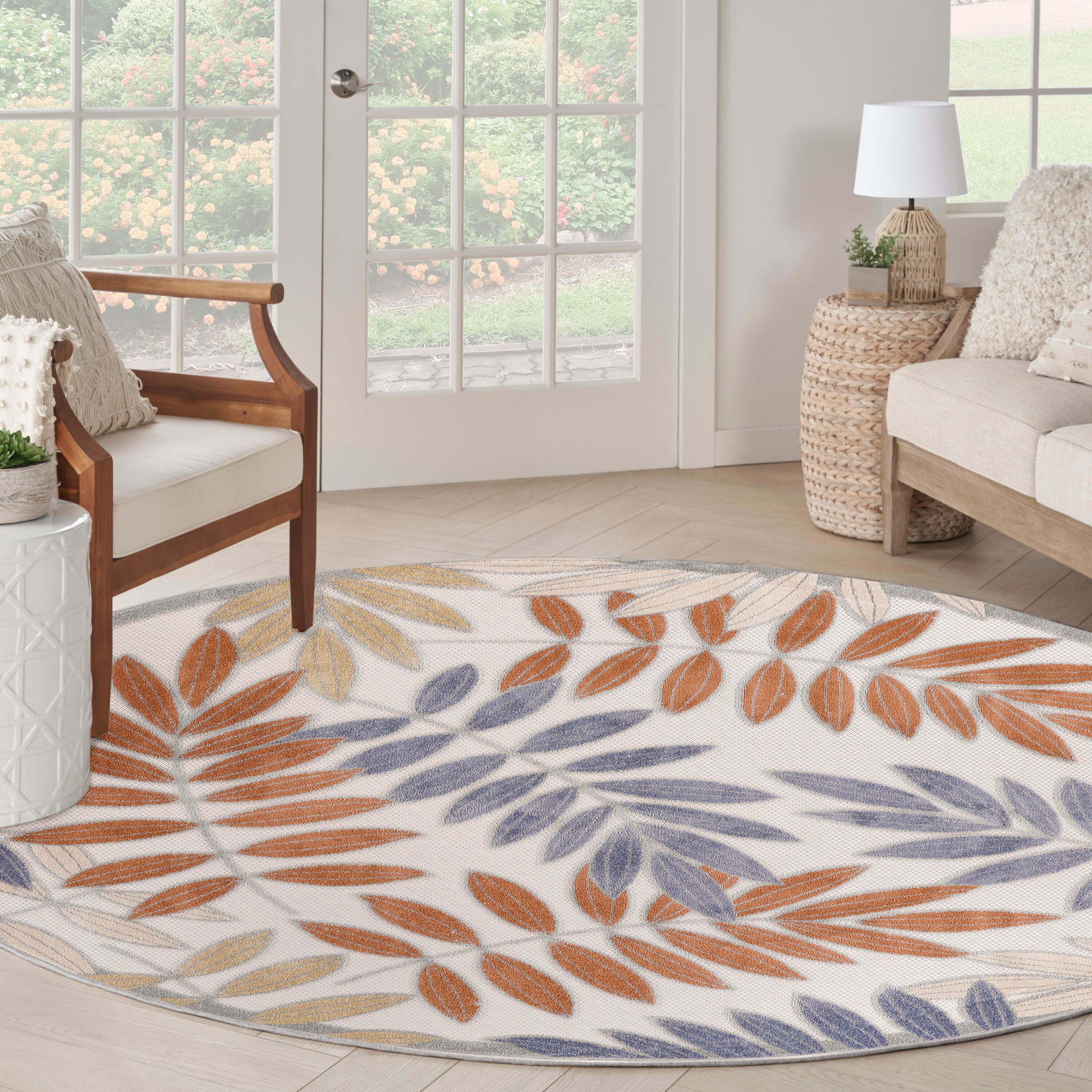 Nourison Home Splash 7'10"X Round Botanical Pattern Indoor/Outdoor Area Rug, Blue/Mocha, large