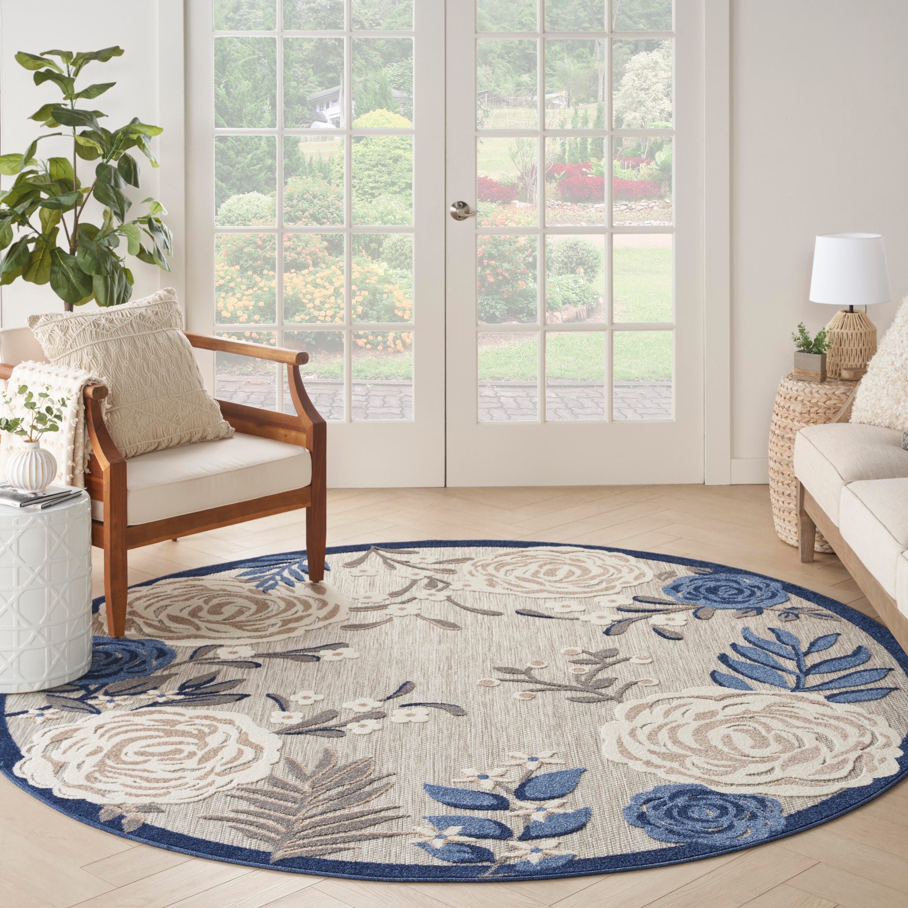 Nourison Home Splash 7'10"X Round Rose Floral Area Rug, Blue/Gray, large