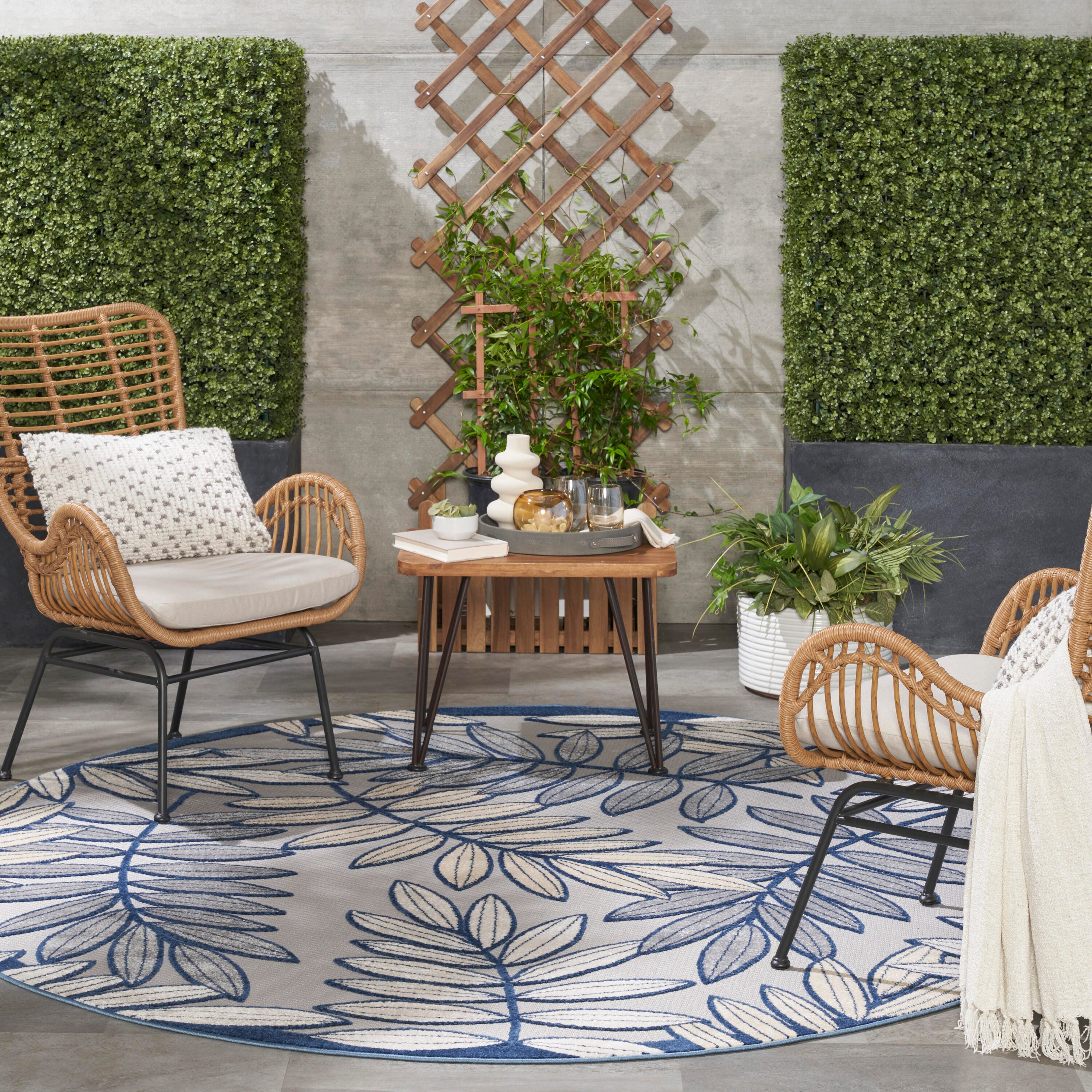 Nourison Home Splash 7'10"X Round Botanical Pattern Area Rug, Ivory/Navy, large