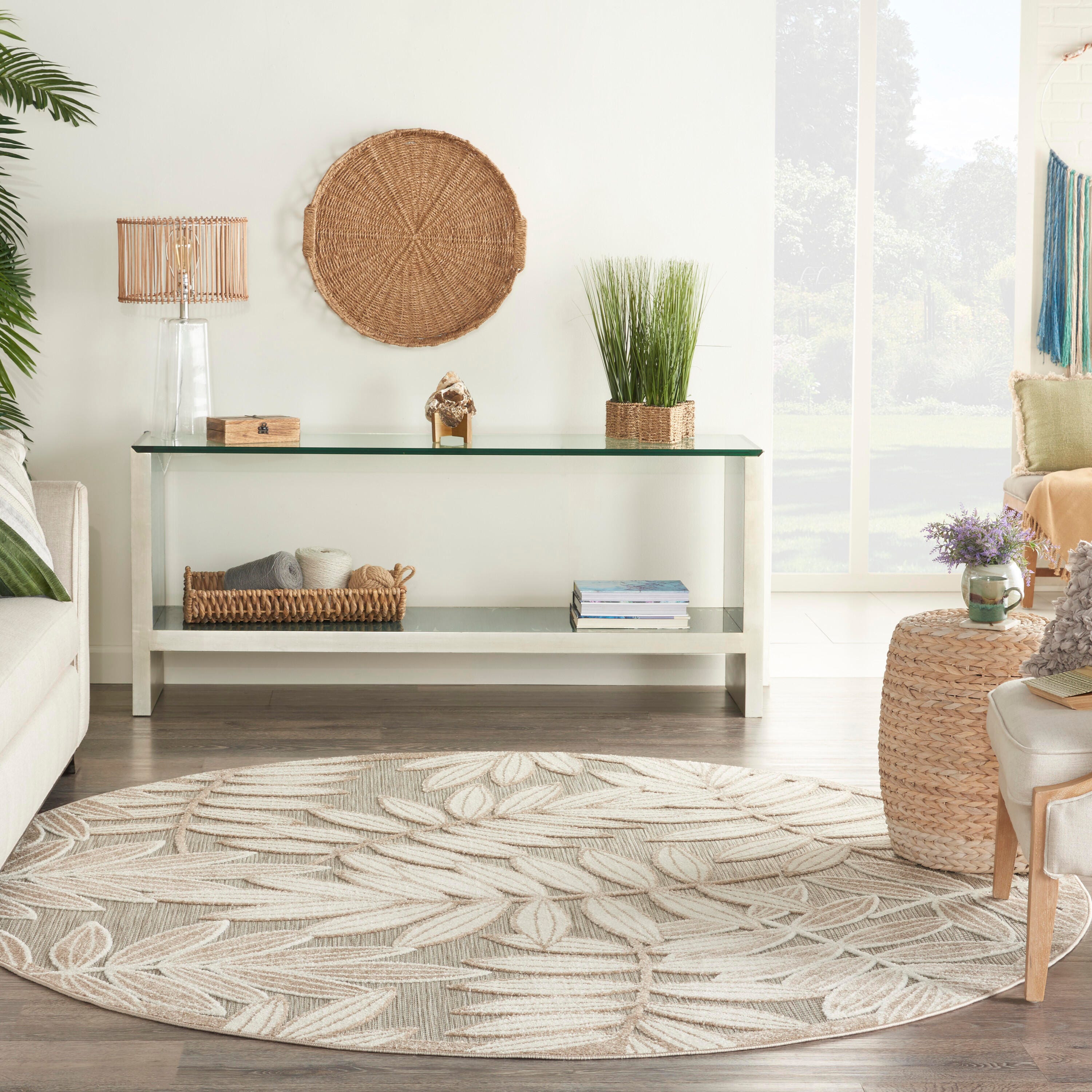 Nourison Home Splash 7'10"X Round Botanical Pattern Area Rug, Natural, large