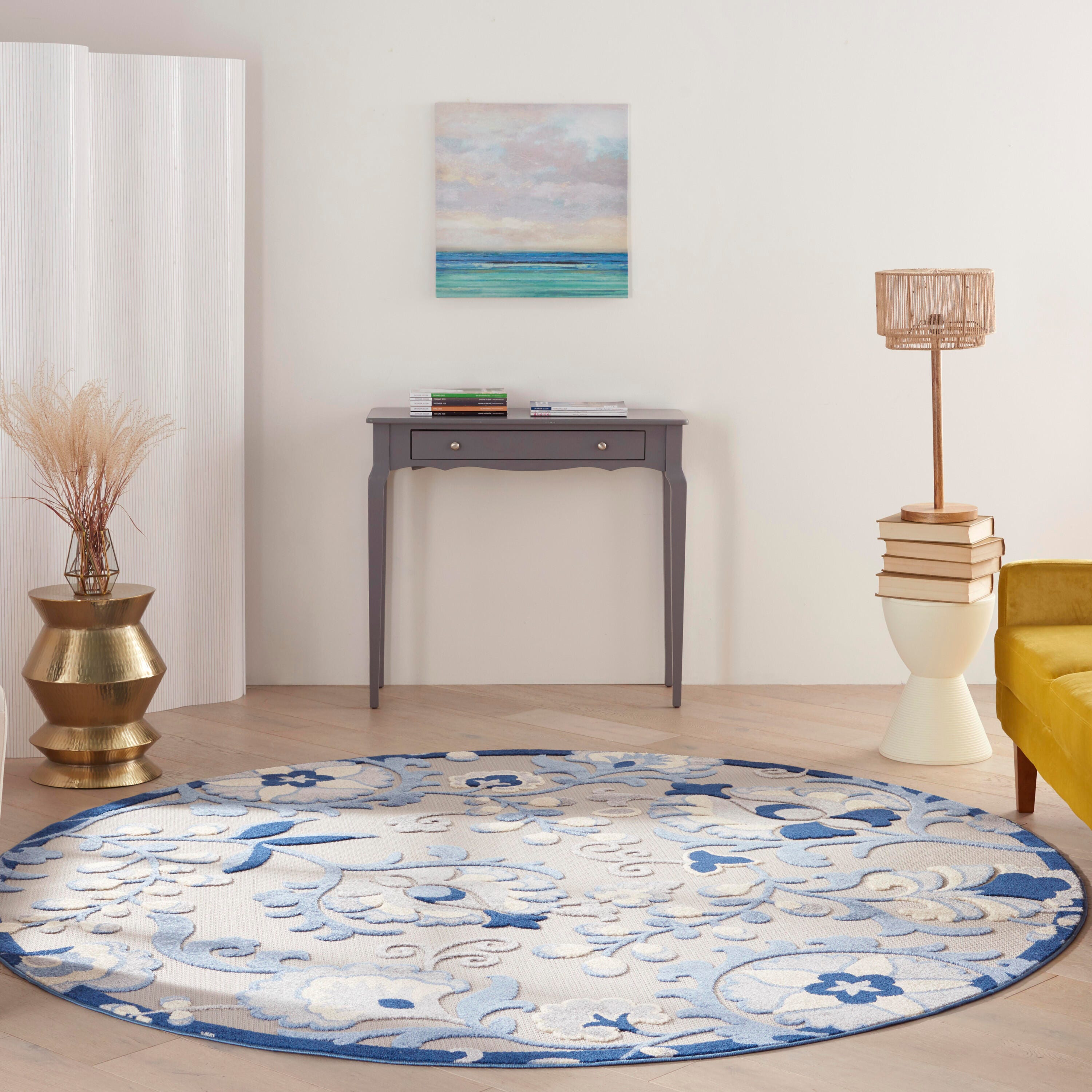 Nourison Home Splash 7'10"X Round Leafy Vines Area Rug, Blue/Gray, large