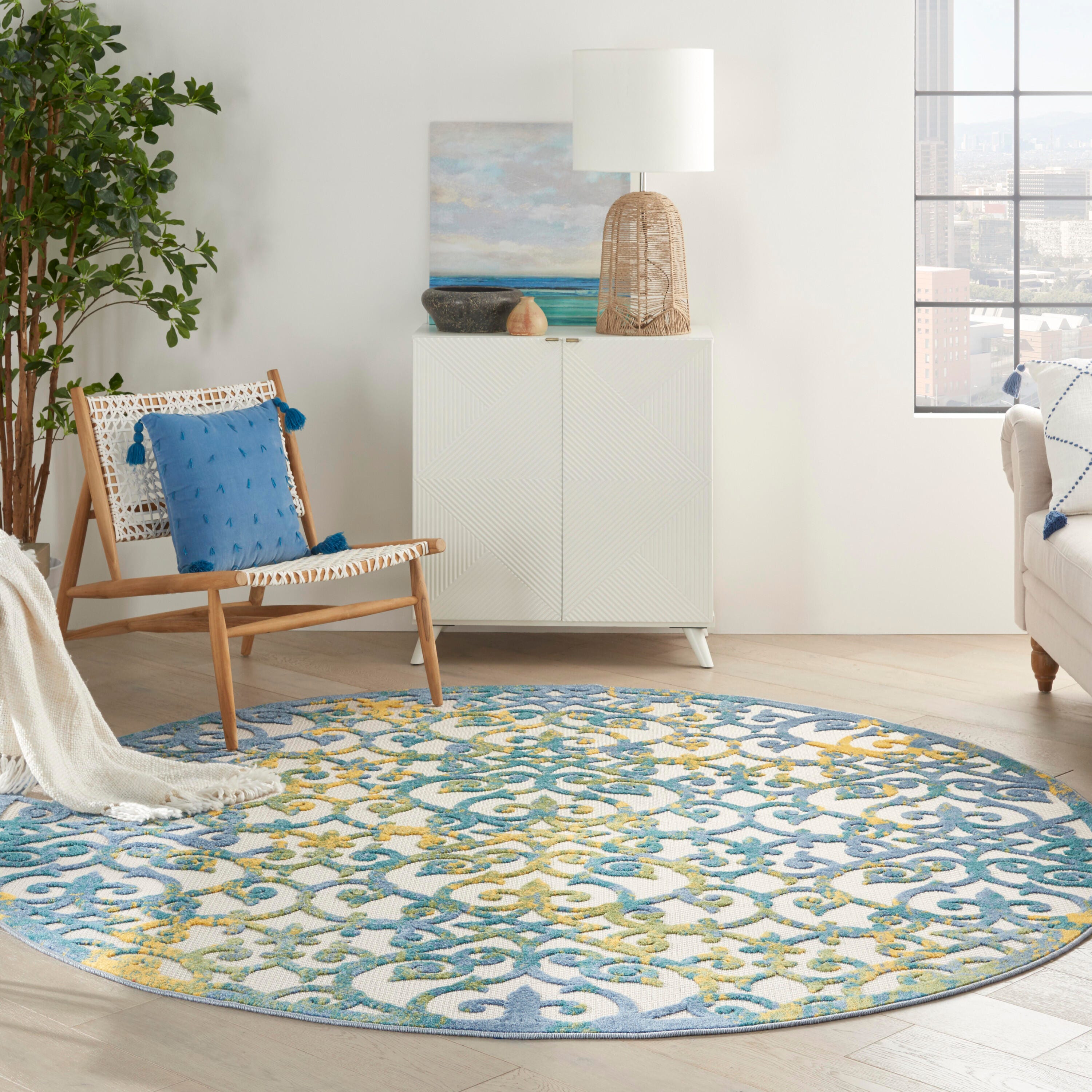 Nourison Home Splash 7'10"X Round Geometric Area Rug, Ivory Blue, large