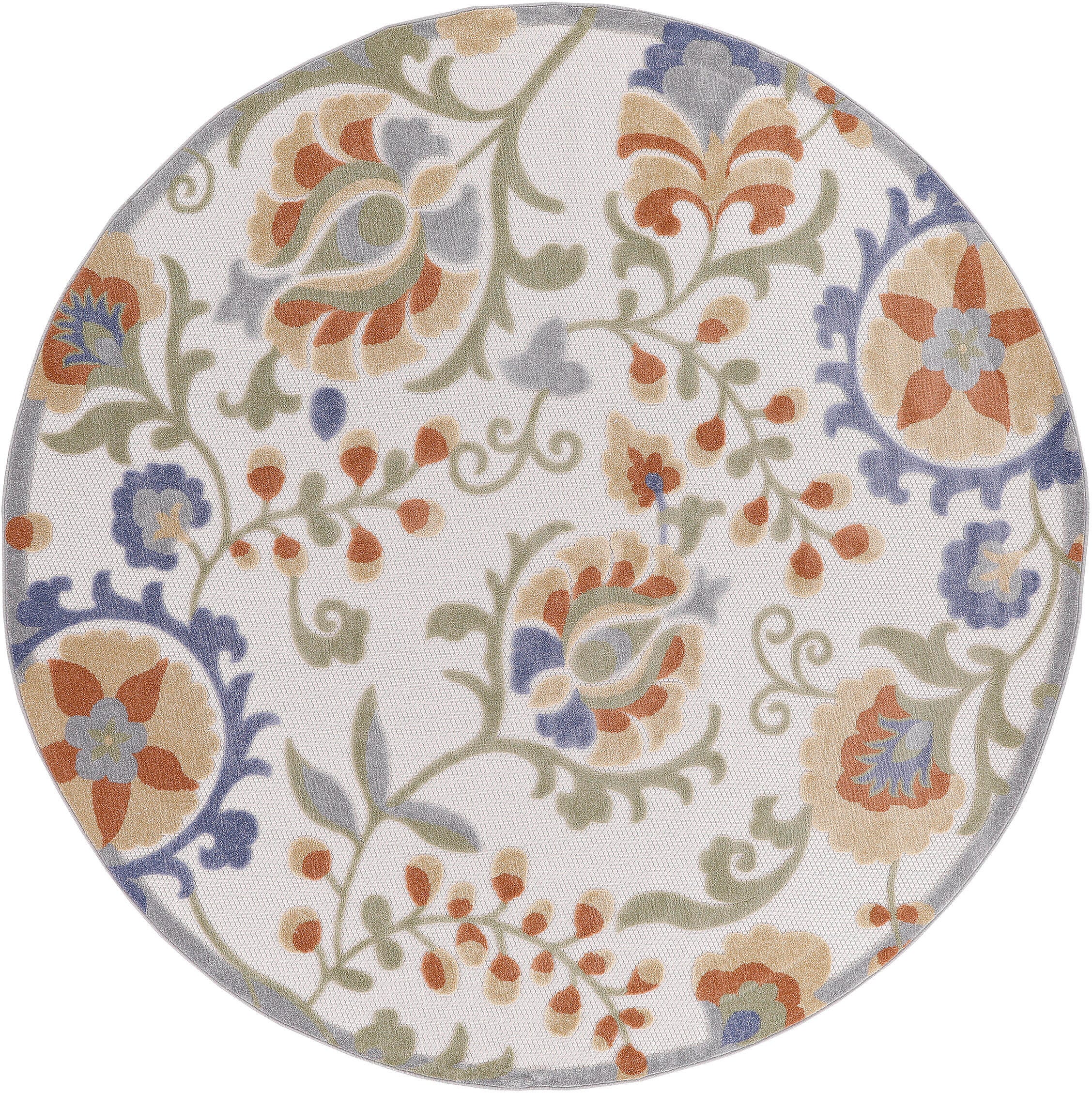 Nourison Home Splash 7'10"X Round Leafy Vines Indoor/Outdoor Area Rug, Ivory Blue, large