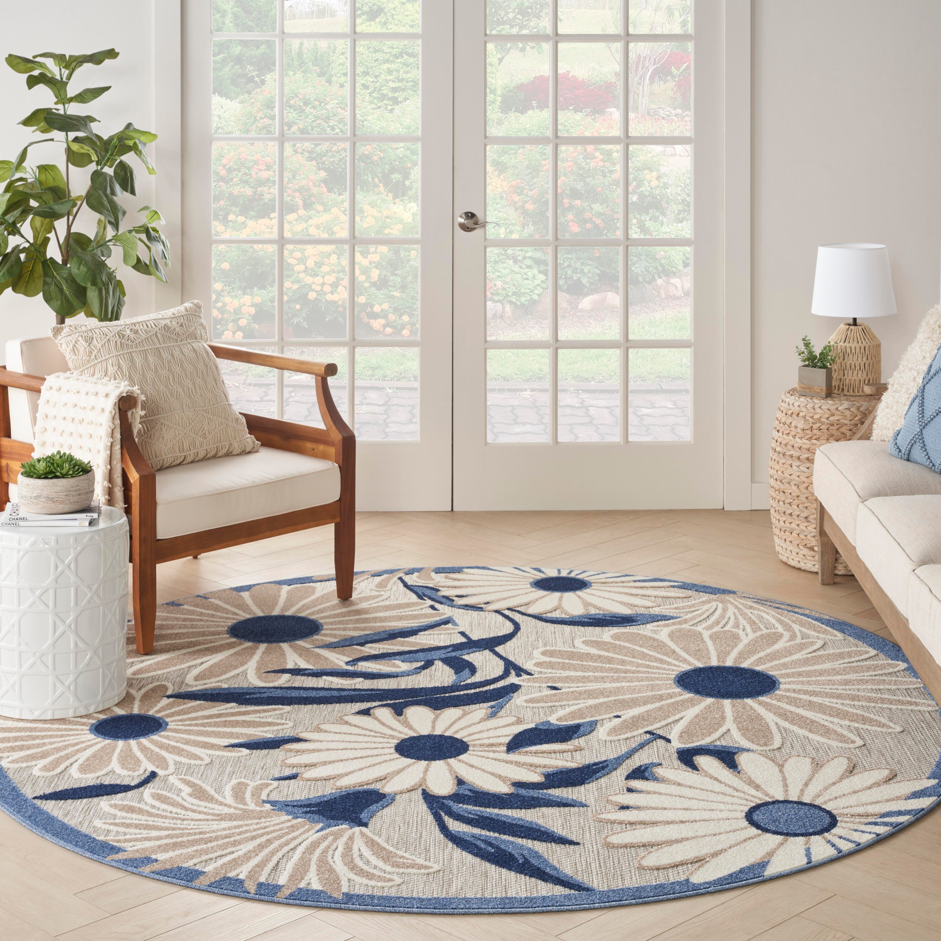 Nourison Home Splash 7'10"X Round Daisy Floral Area Rug, Blue/Gray, large