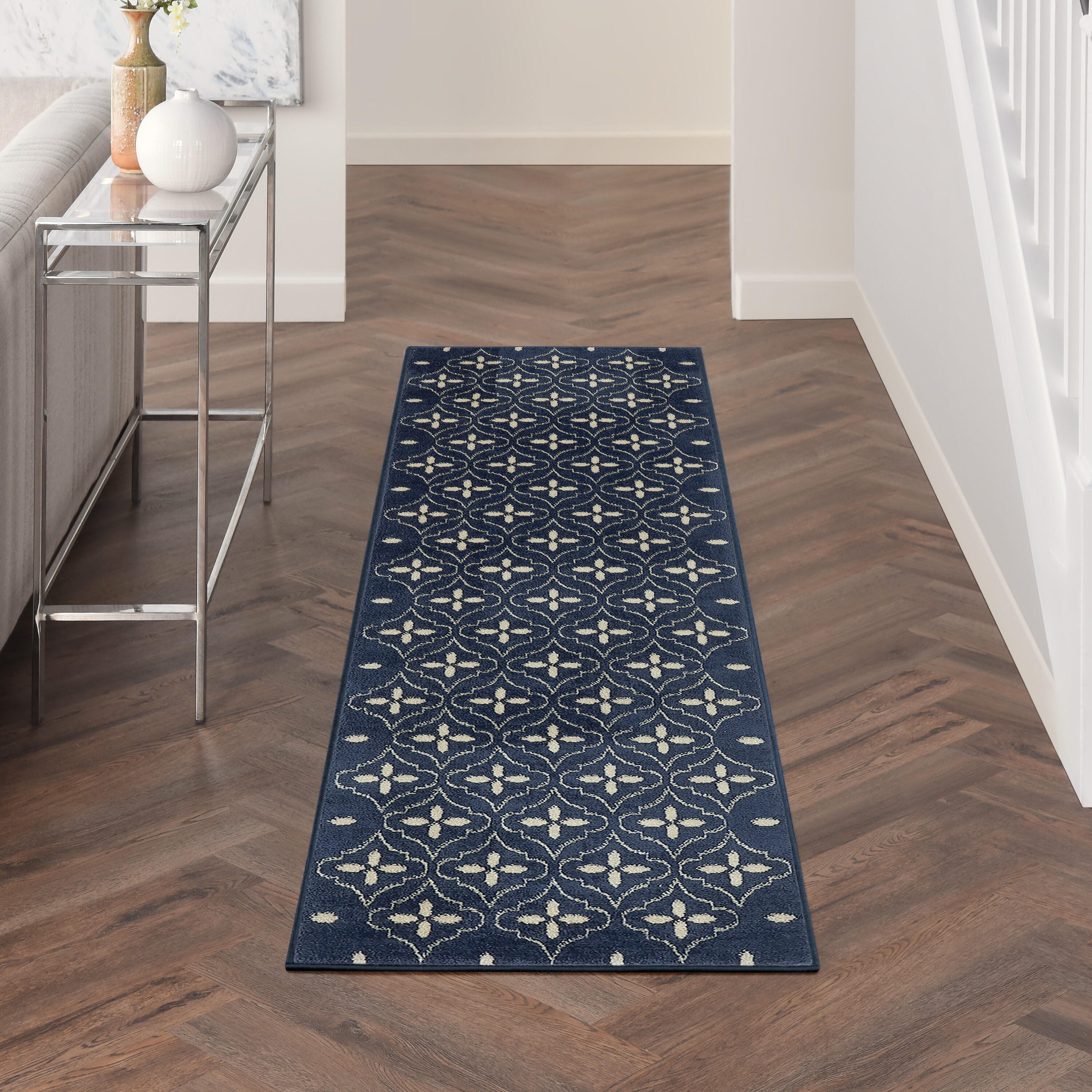 Nourison Home Outdoor Essentials 2' x 8' Runner Rug, Navy/Ivory, large