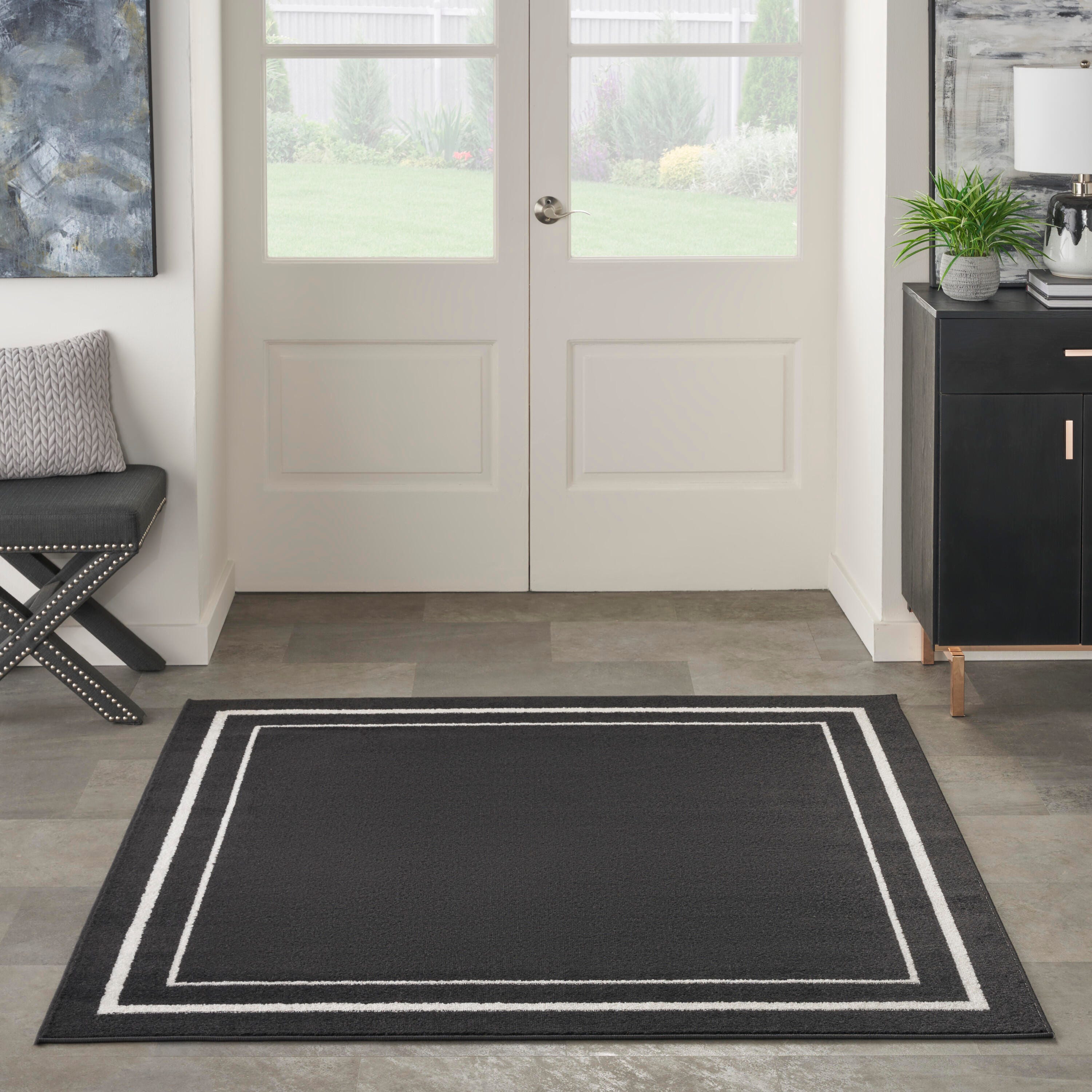 Nourison Home Outdoor Essentials 5' x Square Area Rug, Black/Ivory, large