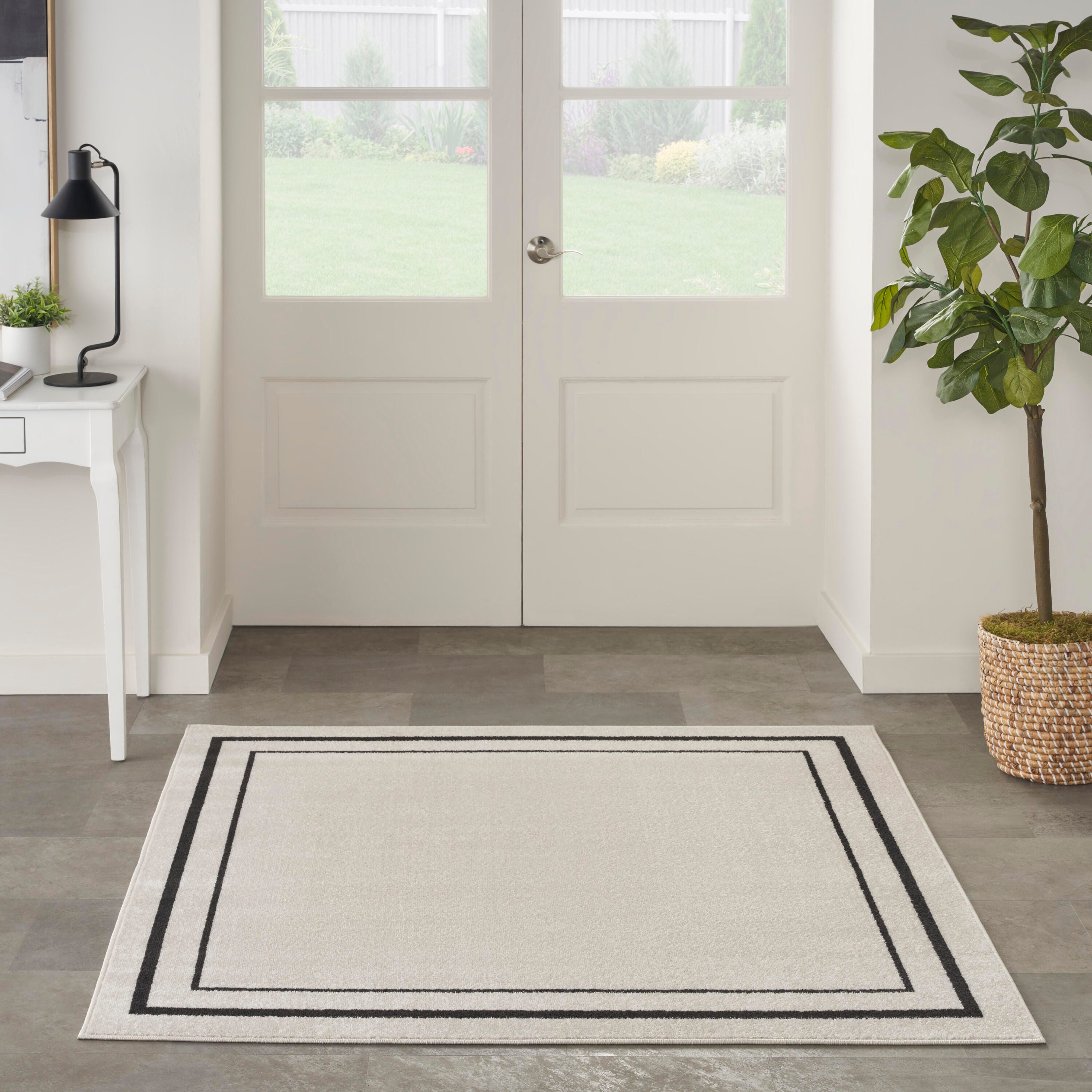 Nourison Home Outdoor Essentials 5' x Square Area Rug, Ivory/Black, large