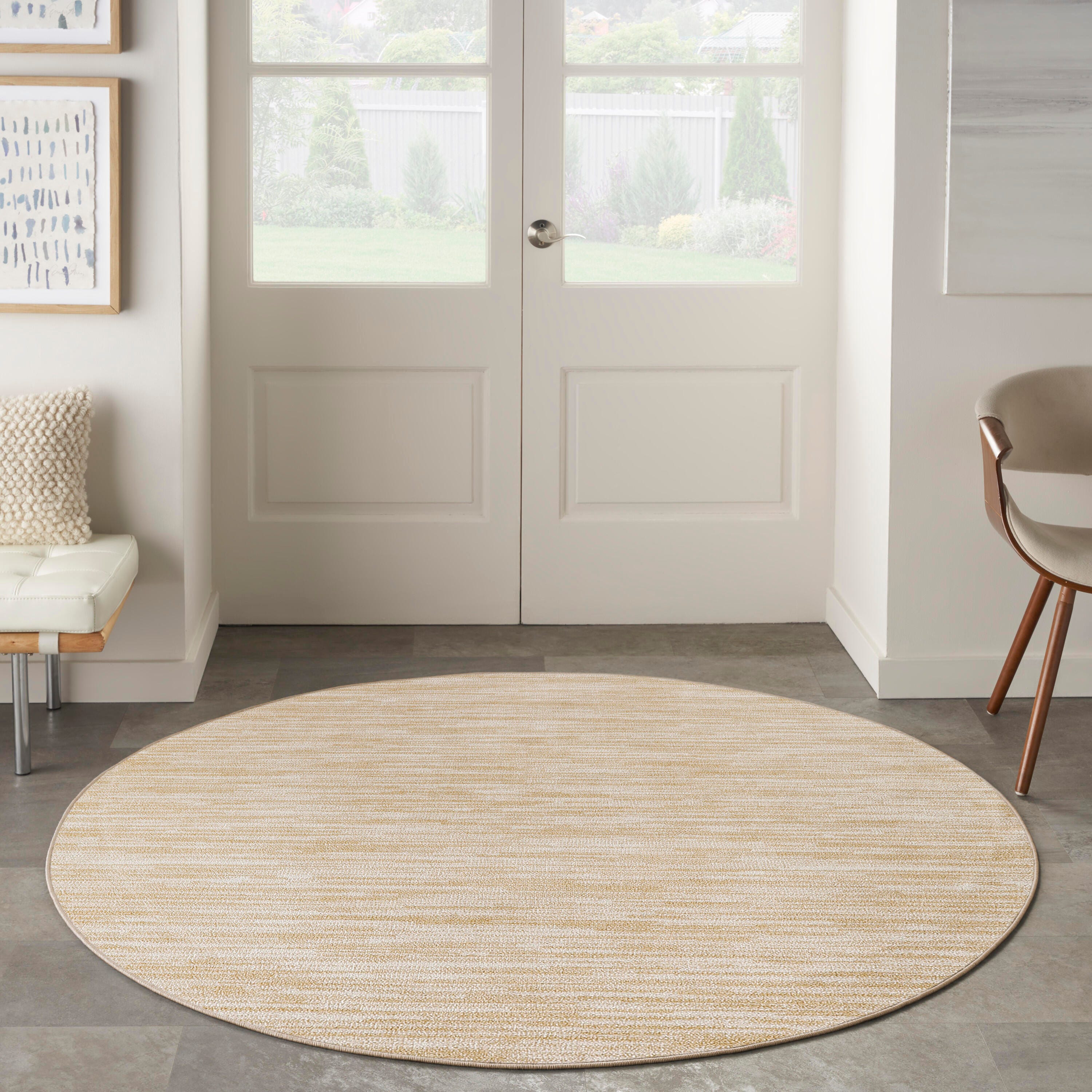 Nourison Home Outdoor Essentials 6' x Round Area Rug, Ivory/Gold, large