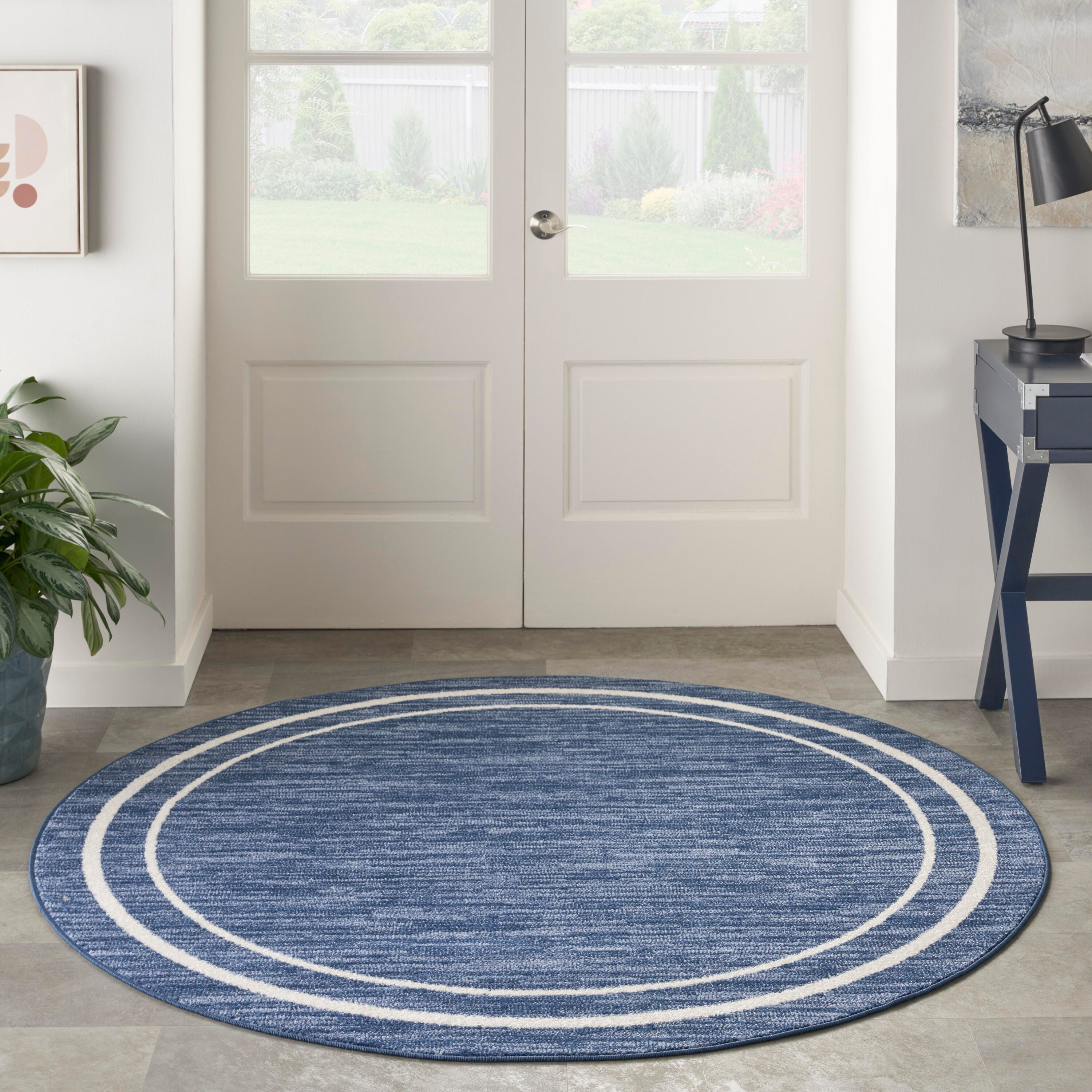Nourison Home Outdoor Essentials 6' x Round Area Rug, Navy/Ivory, large