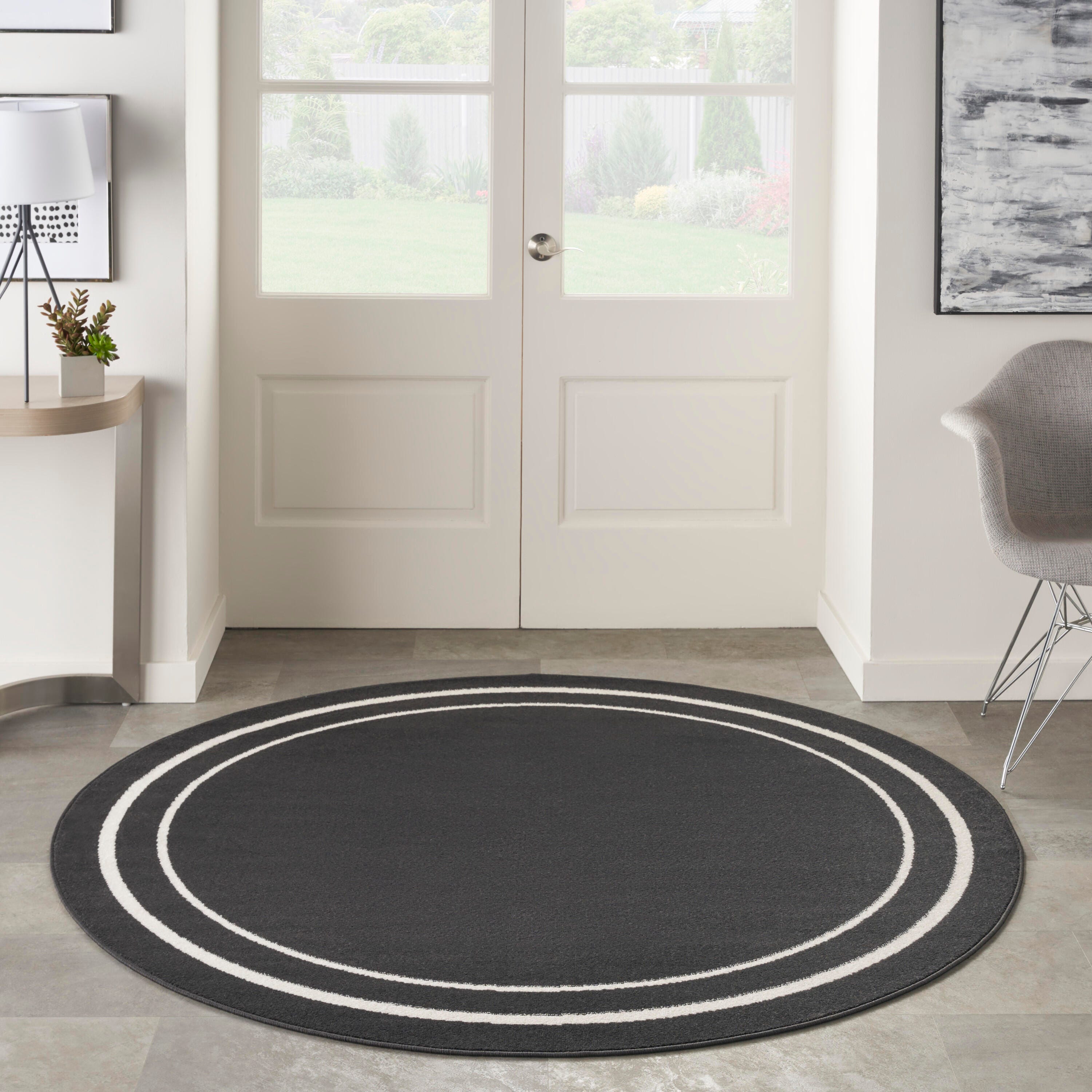 Nourison Home Outdoor Essentials 8' x Round Area Rug, Black/Ivory, large