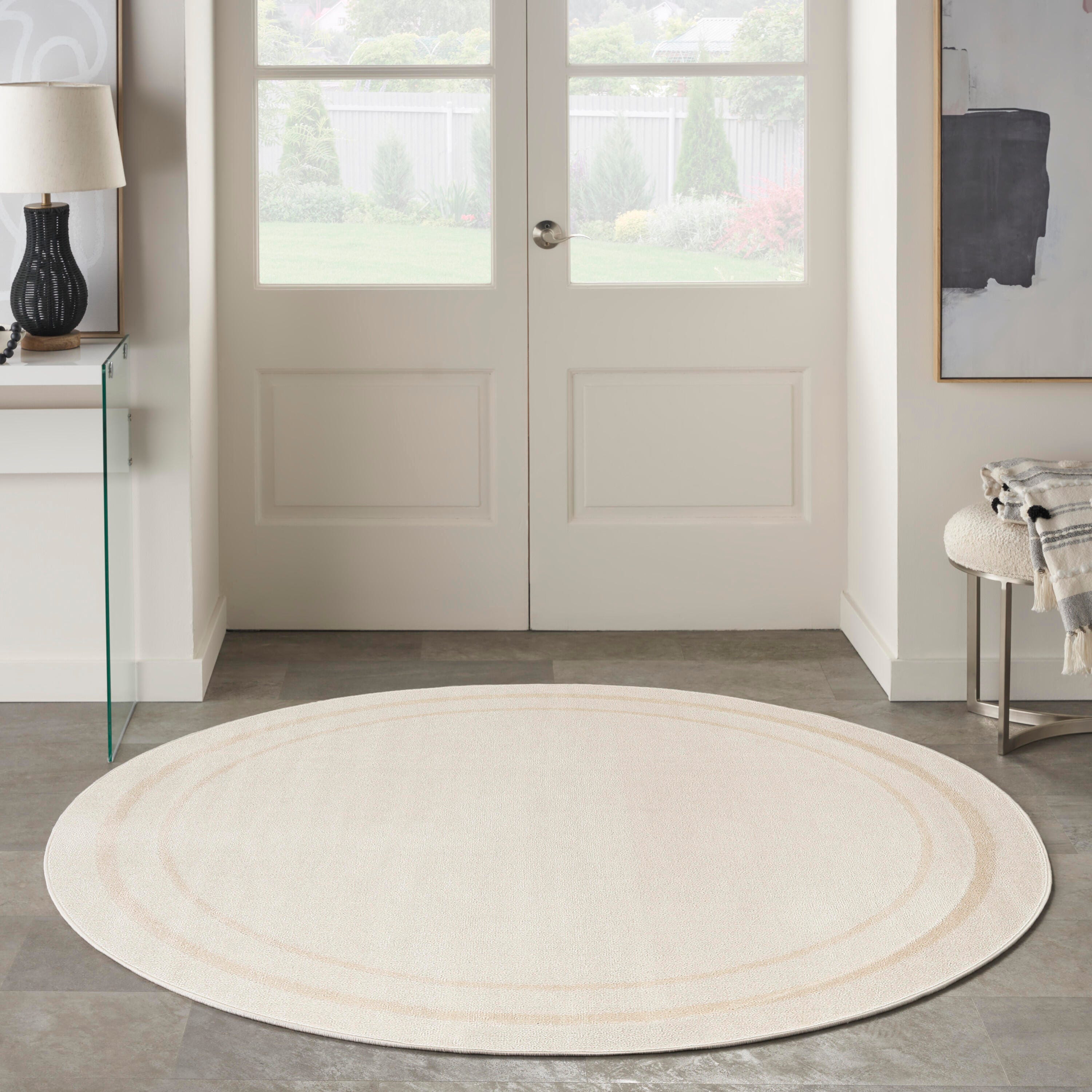 Nourison Home Outdoor Essentials 8' x Round Area Rug, Ivory/Gold, large