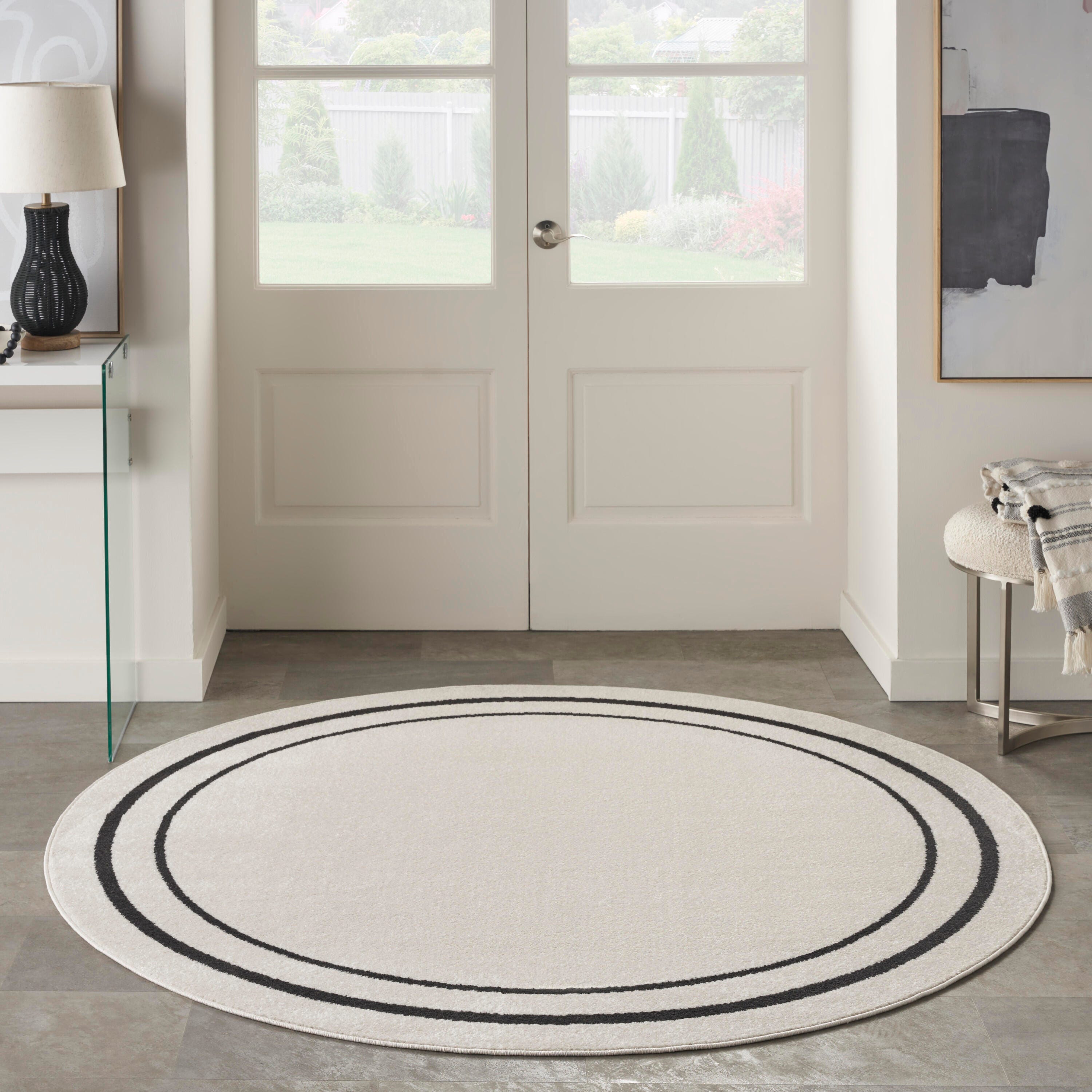 Nourison Home Outdoor Essentials 8' x Round Area Rug, Ivory/Black, large