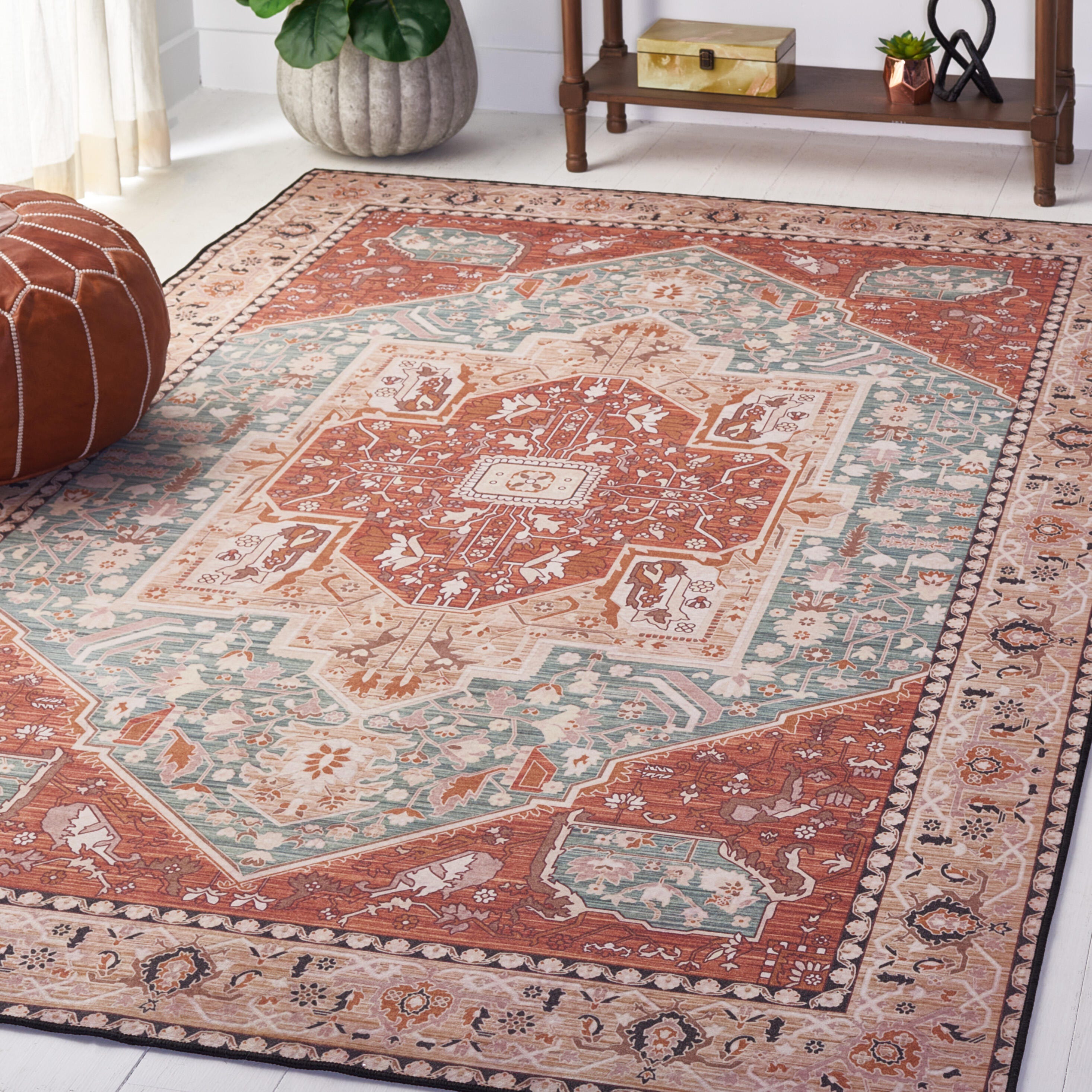 Safavieh Tucson 4' x 4' Round Area Rug, Aqua/Rust, rollover