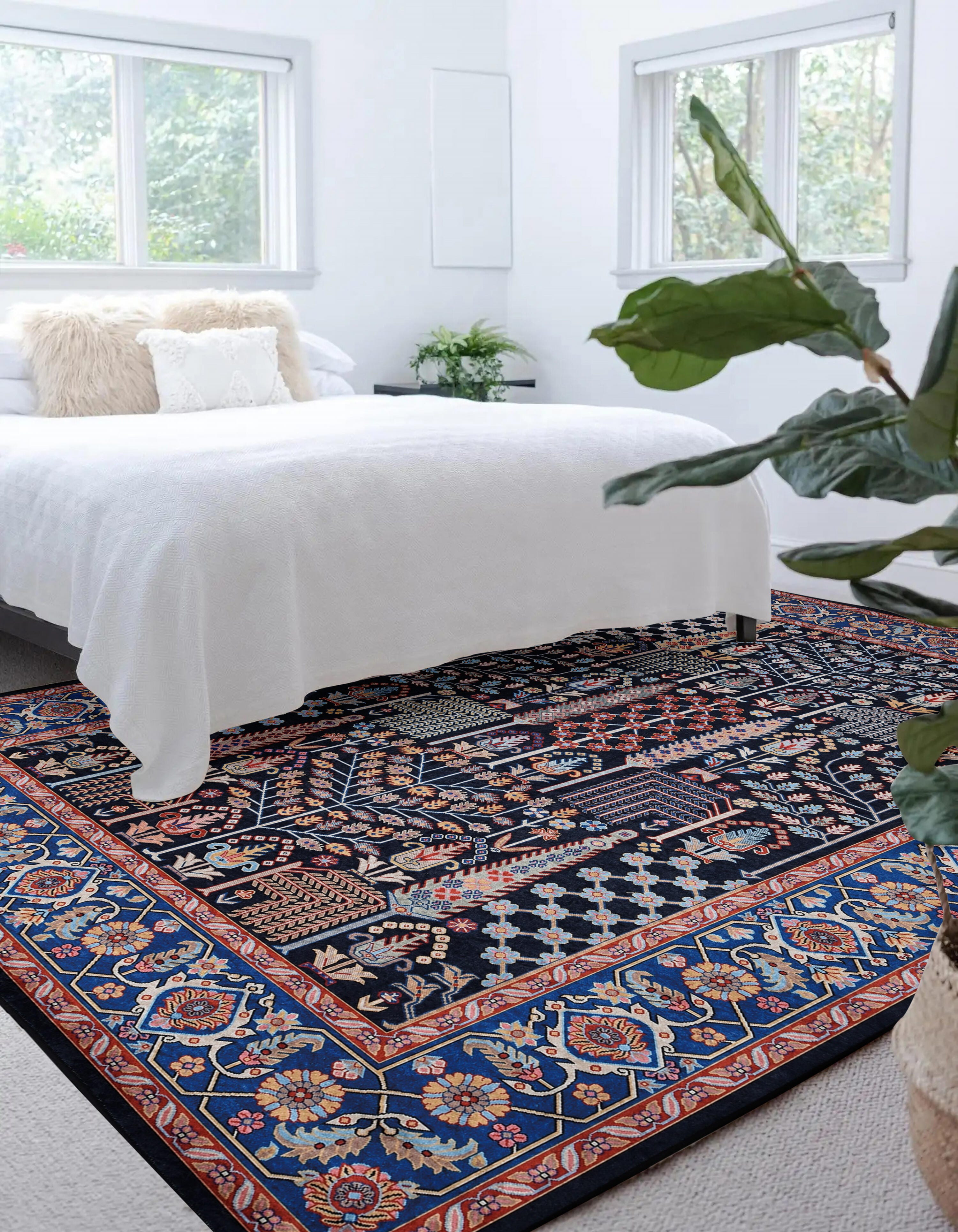 Linon Emerald Tenley 6'7" x 9'7" Area Rug, Navy, large