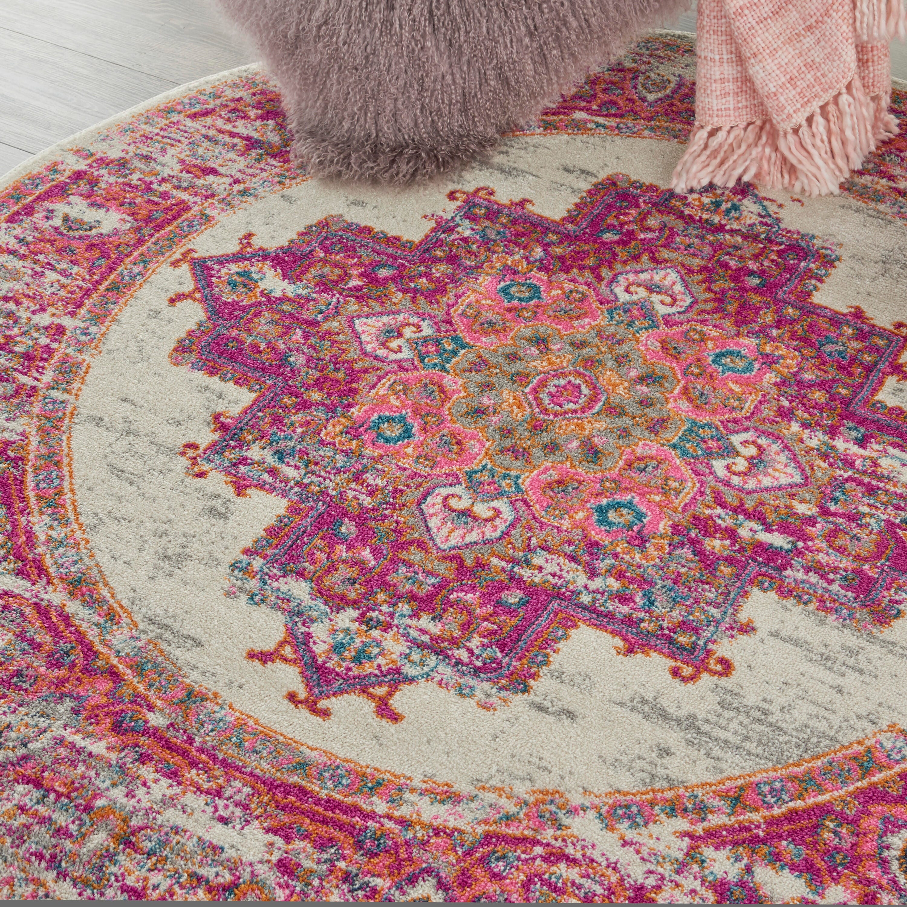 Nourison Home Passion 5' Round Area Rug, Ivory/Fuchsia, large