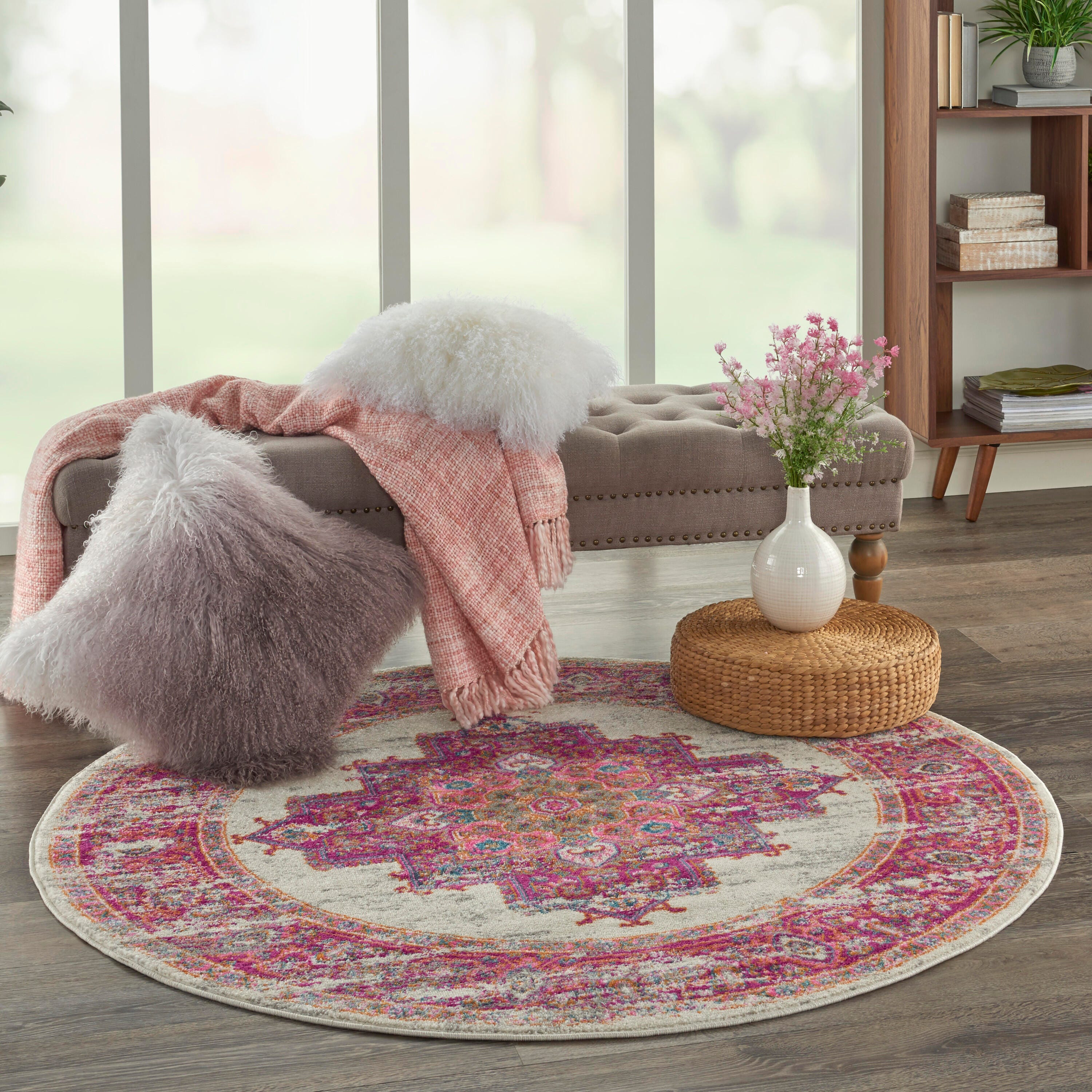 Nourison Home Passion 5' Round Area Rug, Ivory/Fuchsia, large