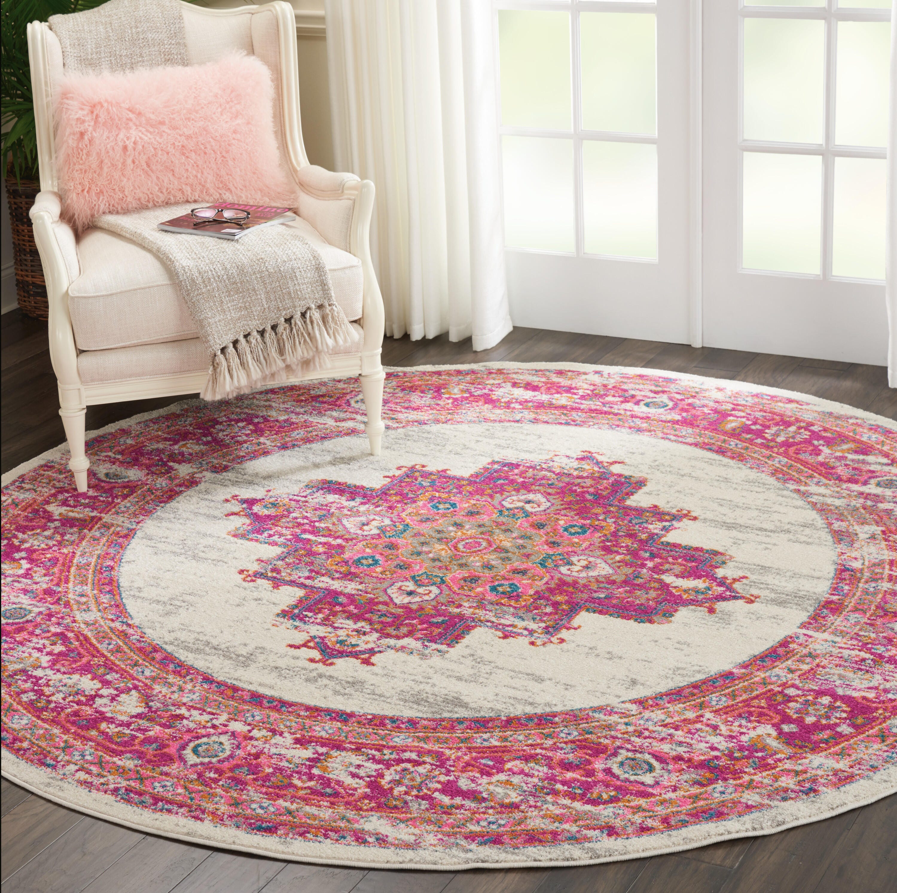 Nourison Home Passion 8' Round Area Rug, Ivory/Fuchsia, large