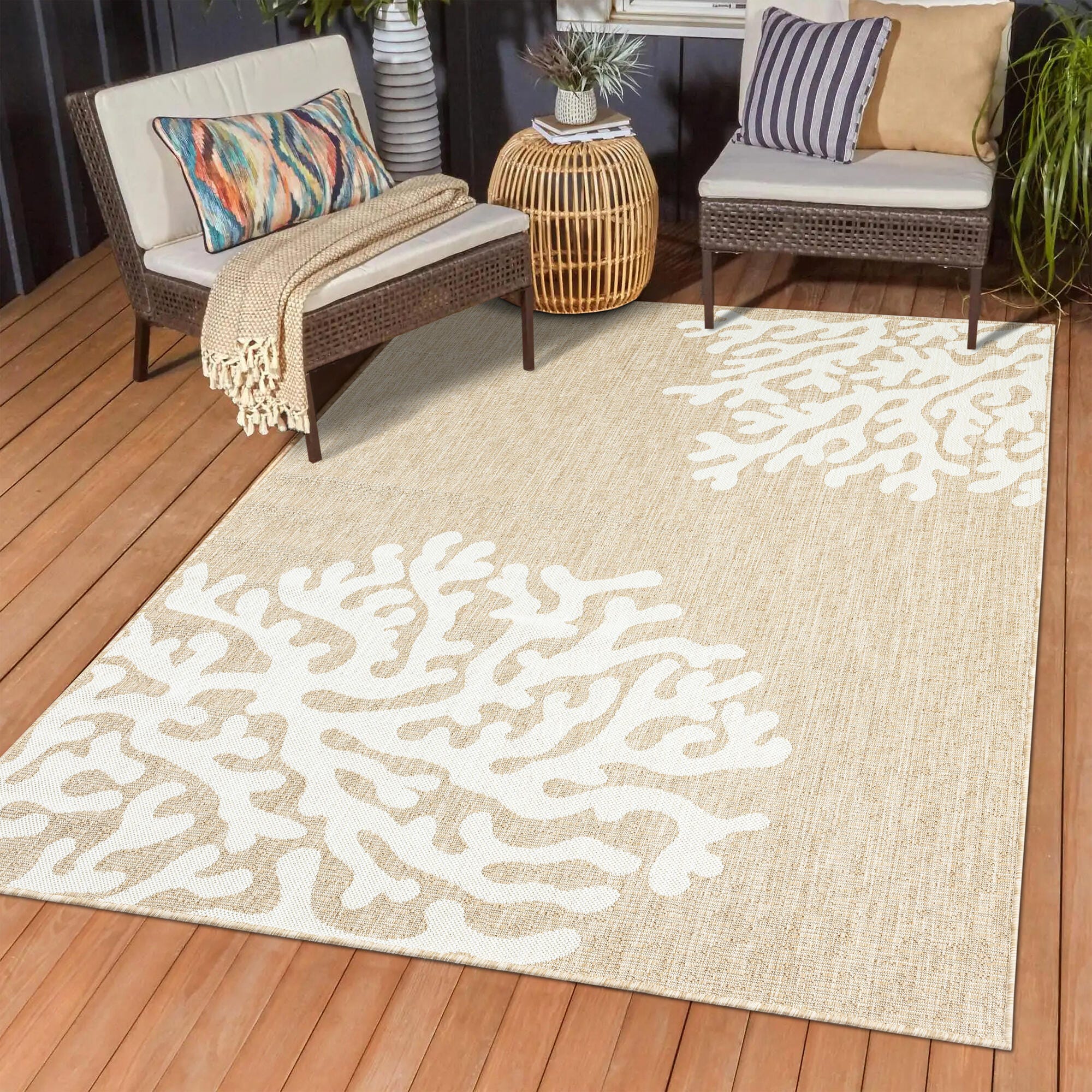 LR Home Reef 7'9" x 9'5" Area Rug, Beige/White, rollover