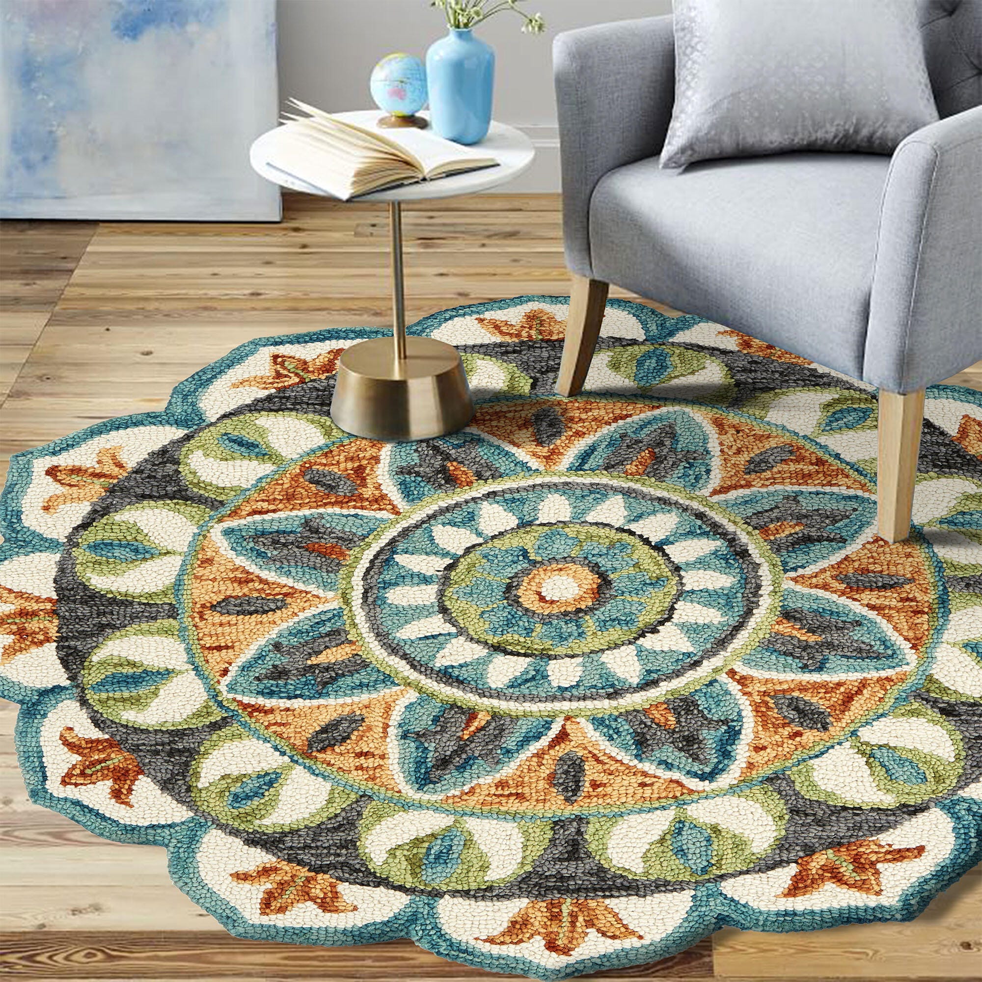 LR Home Camellia 4' x 4' Area Rug, Teal/Orange, rollover