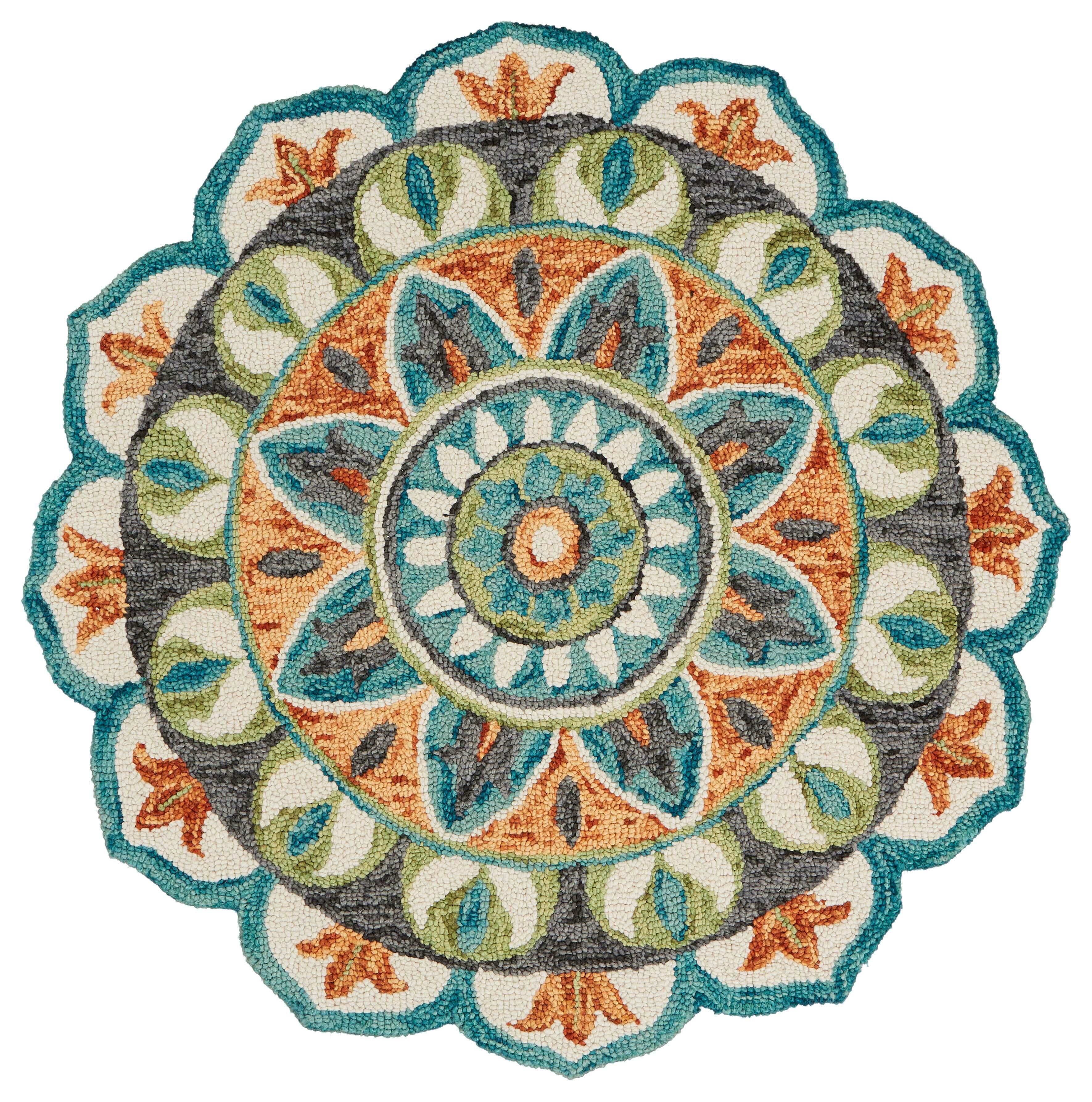 LR Home Camellia 5' x 5' Area Rug, Teal/Orange, large