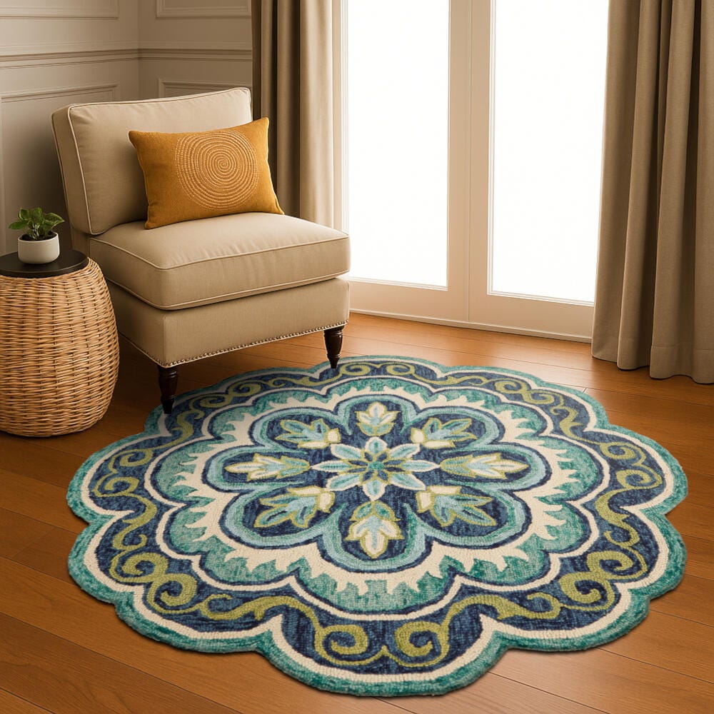 LR Home Stunning 5' x 5' Area Rug, Green/Ivory, rollover