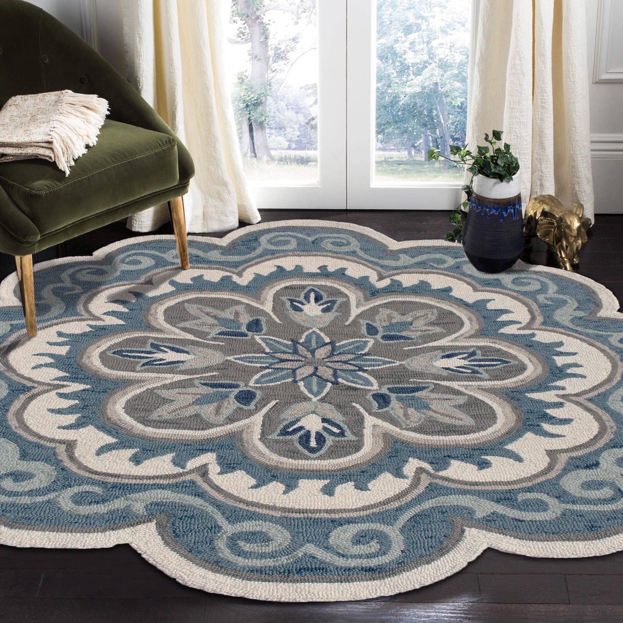 LR Home Textured 6' x 6' Area Rug, Ivory/Blue, rollover