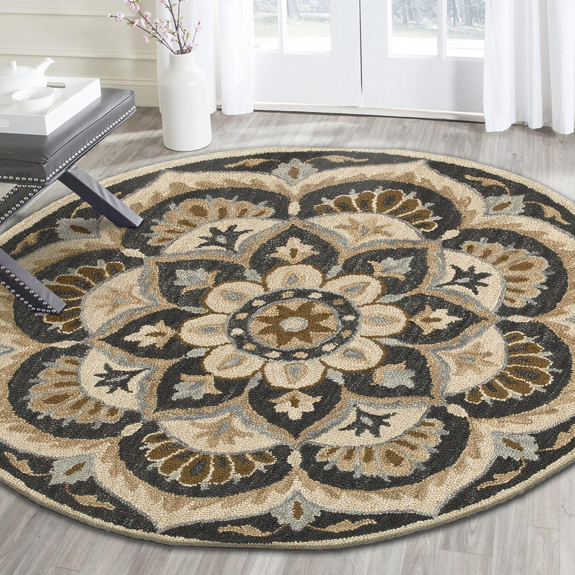 LR Home Bloom 6' x 6' Area Rug, Black/Beige, rollover