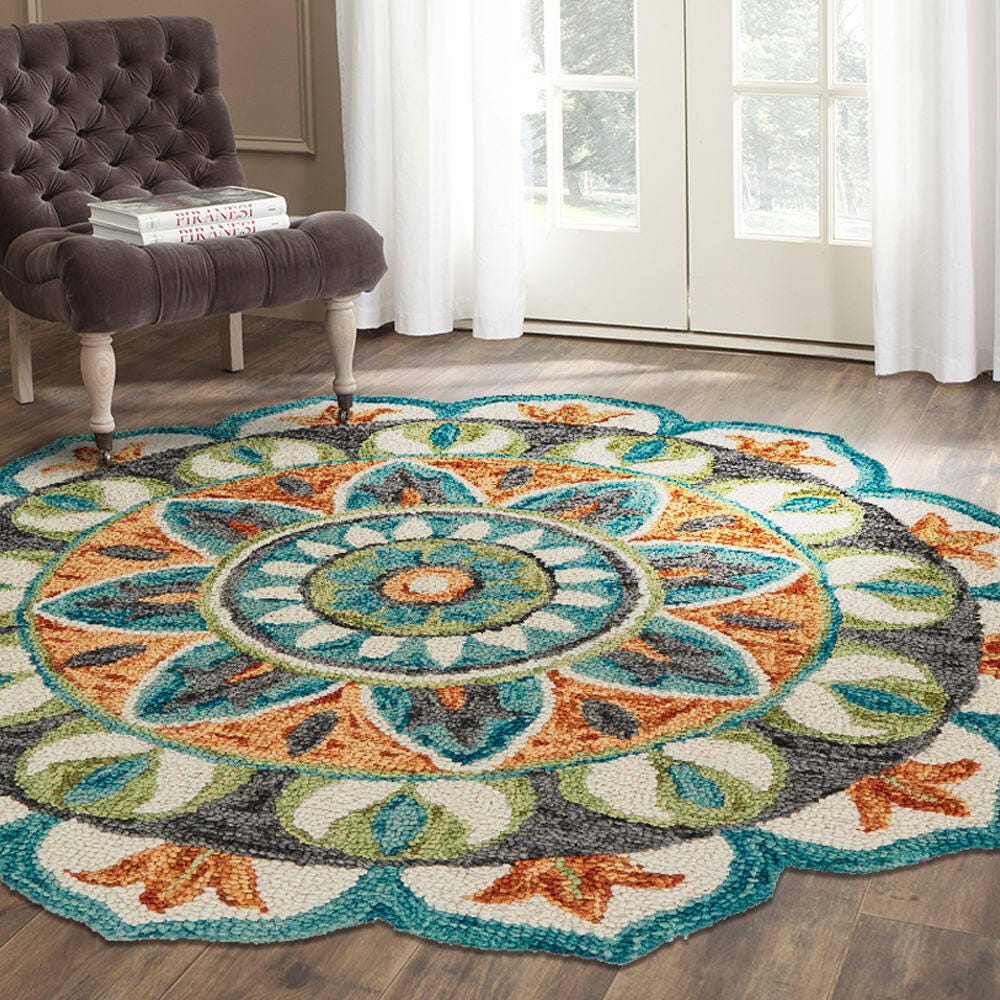 LR Home Camellia 8' x 8' Area Rug, Teal/Orange, large