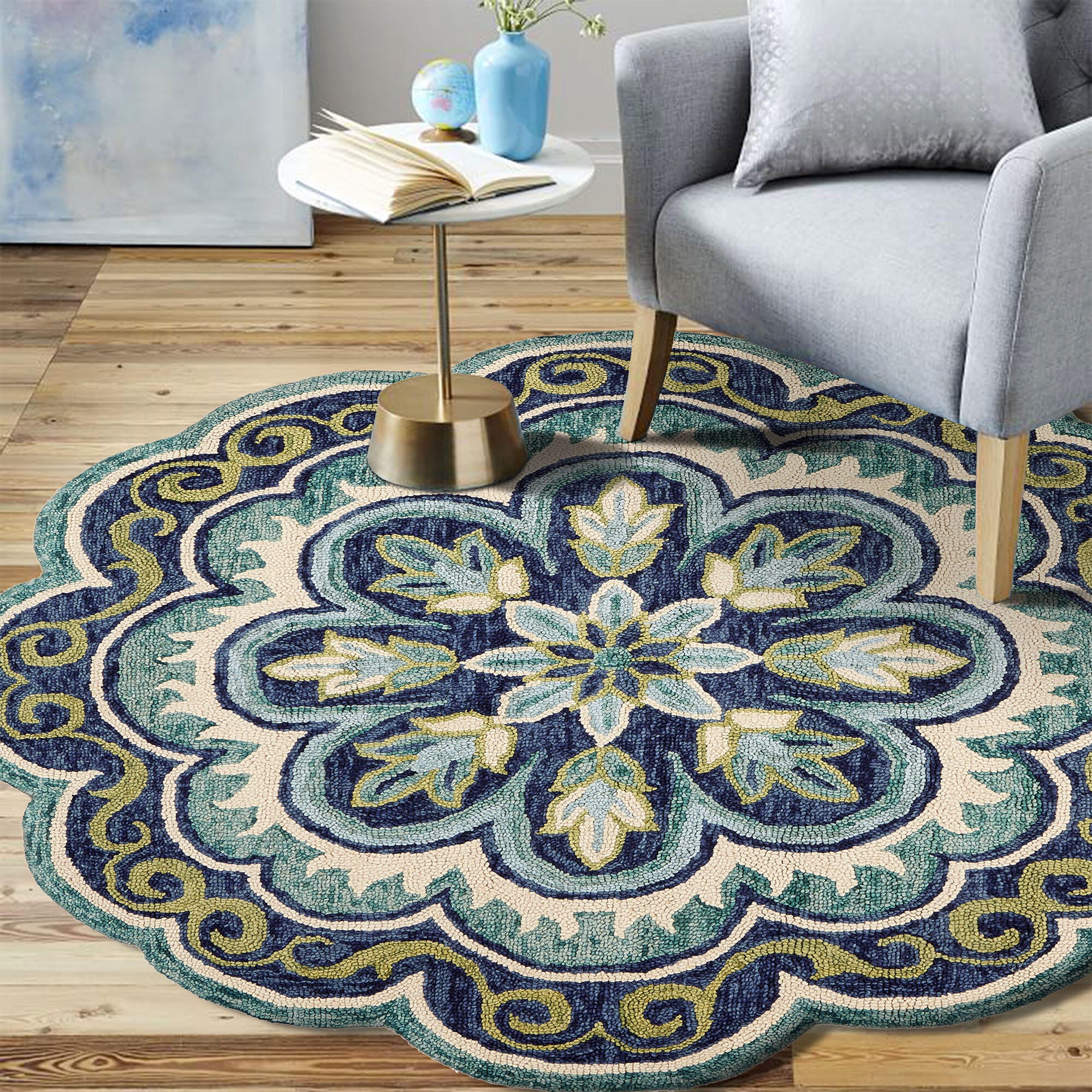 LR Home Textured 8' x 8' Area Rug, Green/Ivory, large