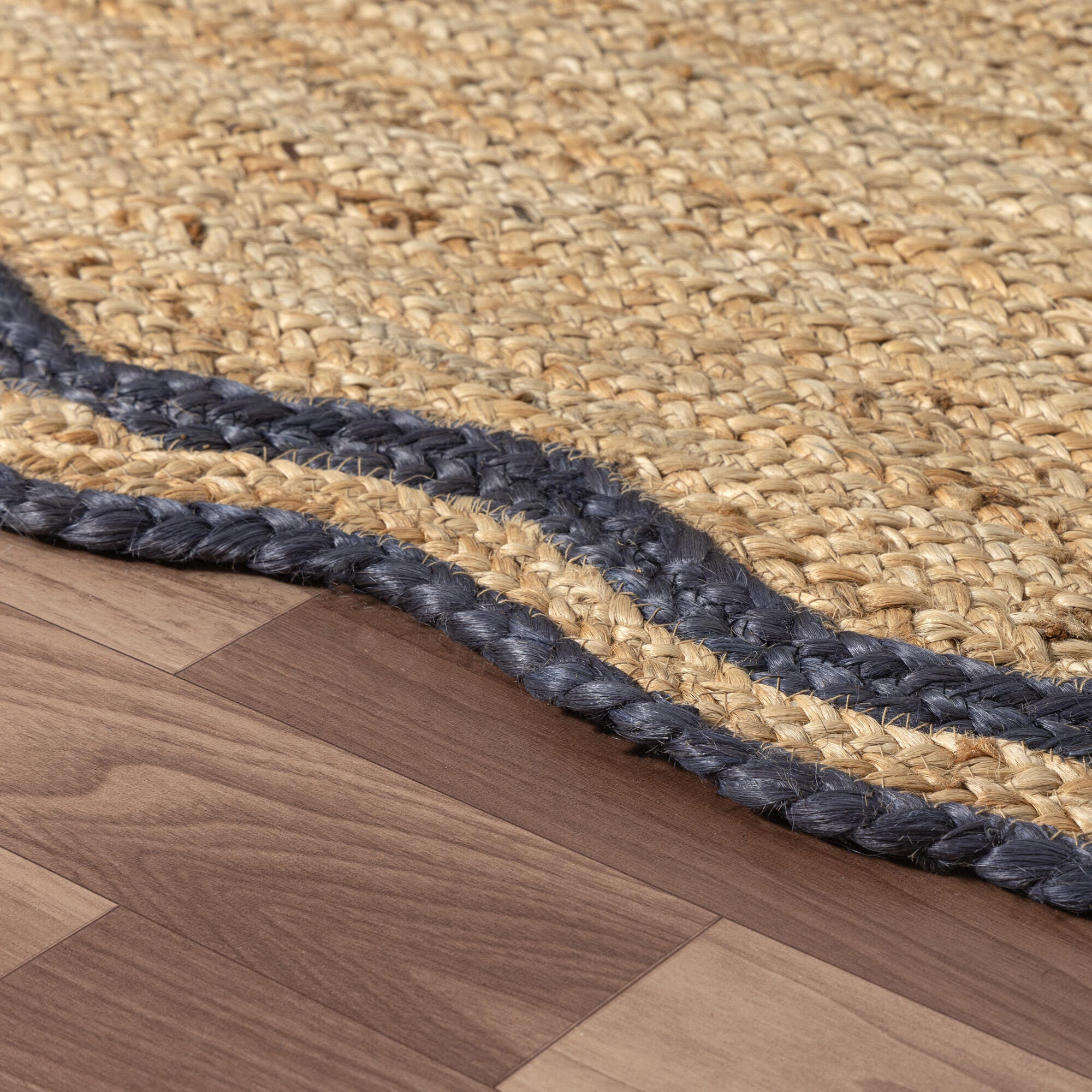 LR Home Hand Braided 5' x 7'9" Area Rug, Natural/Midnight Navy, large