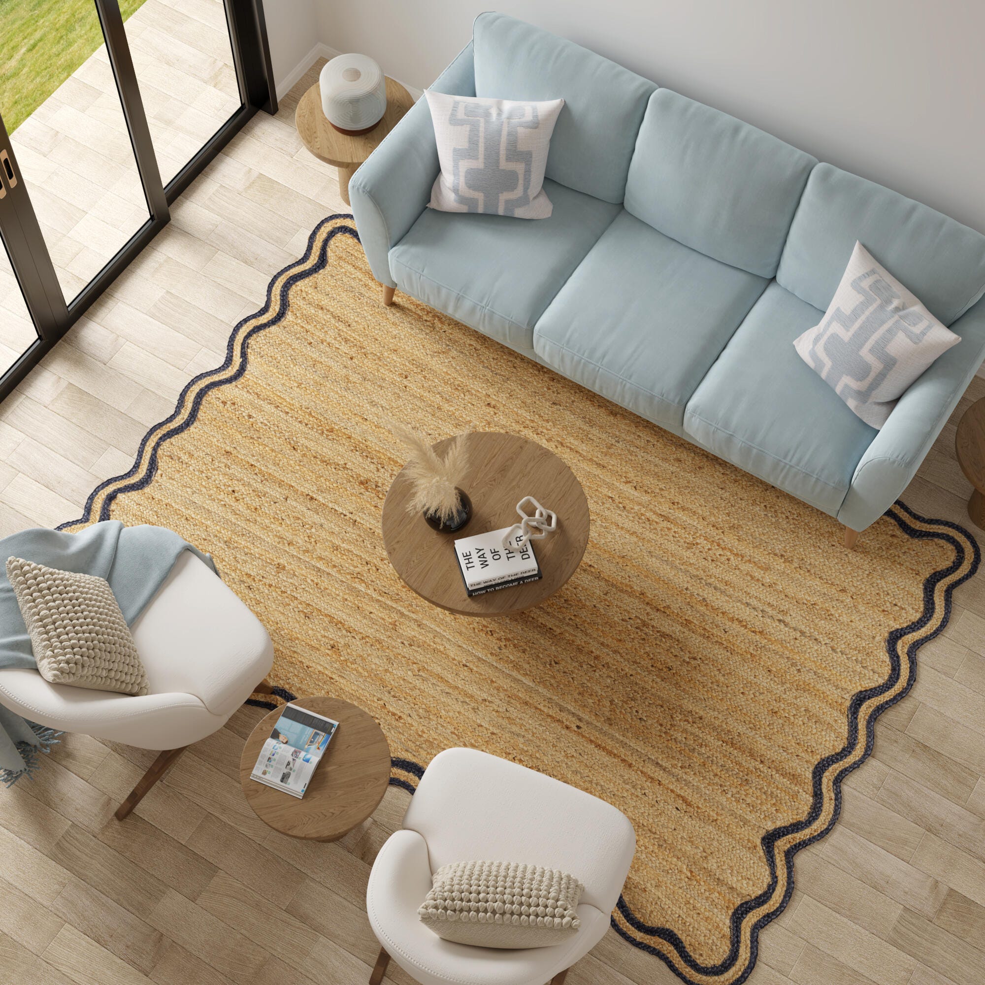 LR Home Hand Braided 7'9" x 9'9" Area Rug, Natural/Midnight Navy