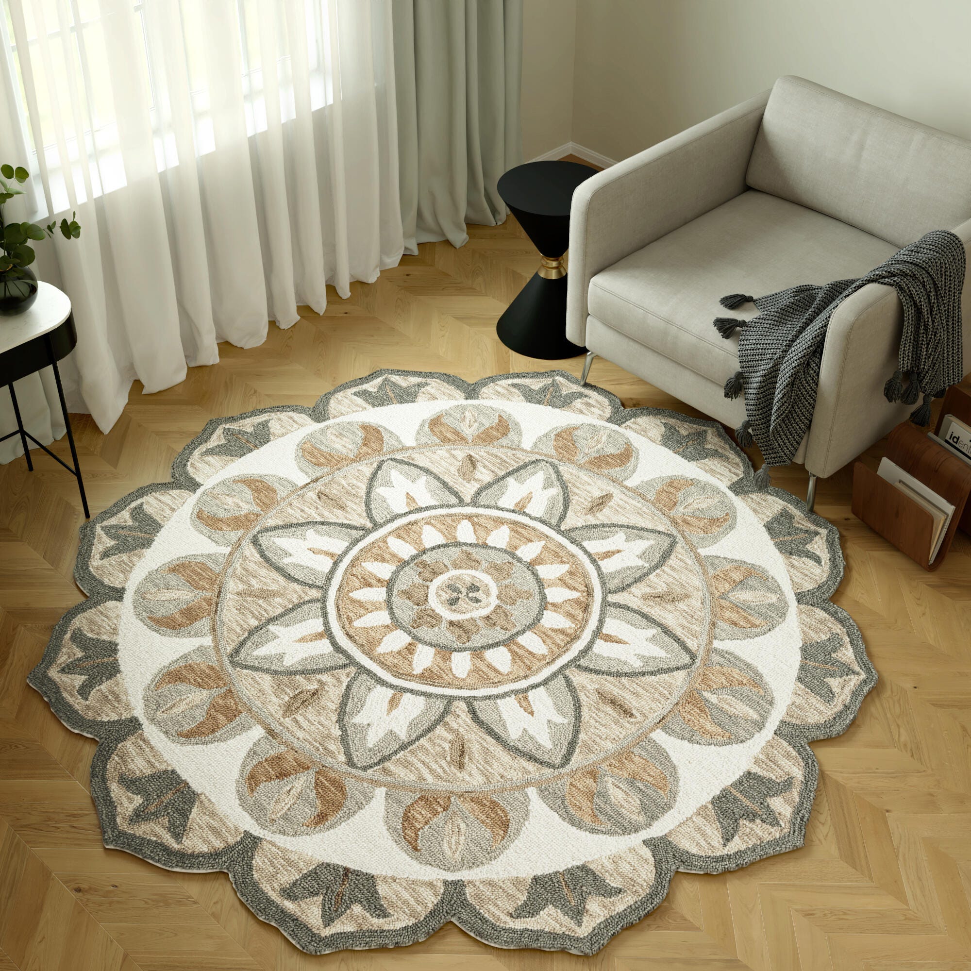 LR Home Medallion 4' x 4' Area Rug, Silver Gray/Ivory, rollover