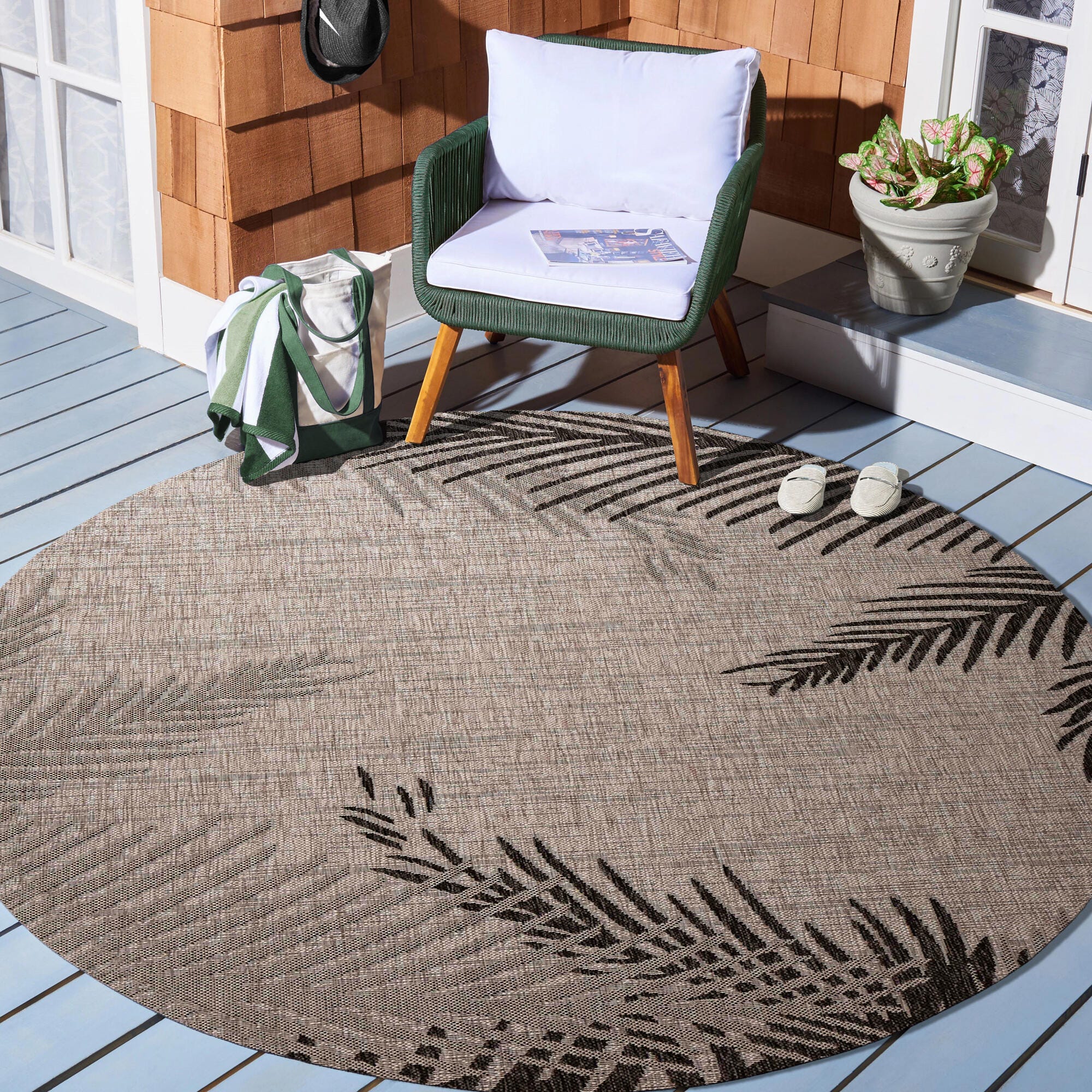 LR Home Botanical Pattern 5'3" x 5'3" Round Area Rug, Black, rollover