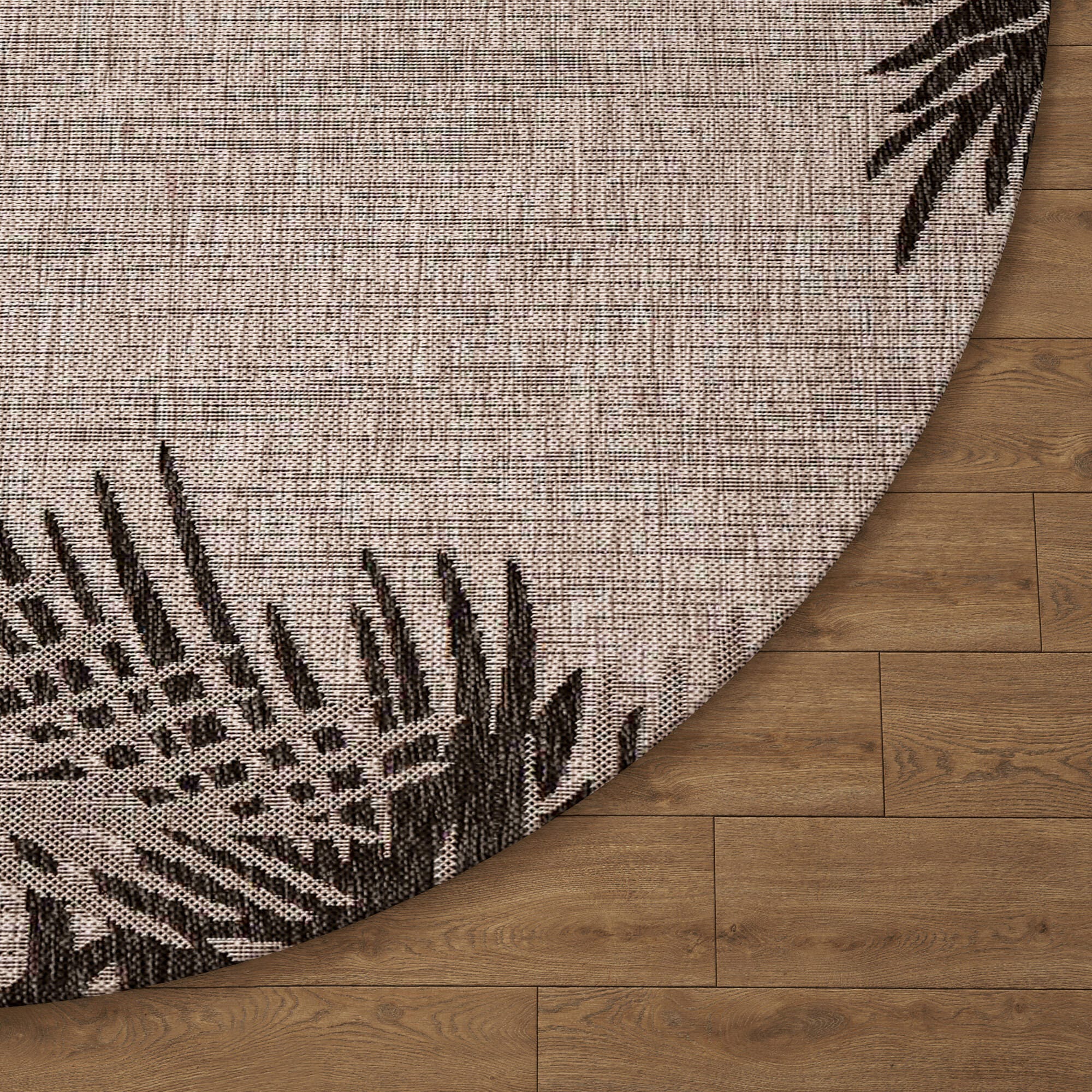 LR Home Botanical Pattern 5'3" x 5'3" Round Area Rug, Black, large