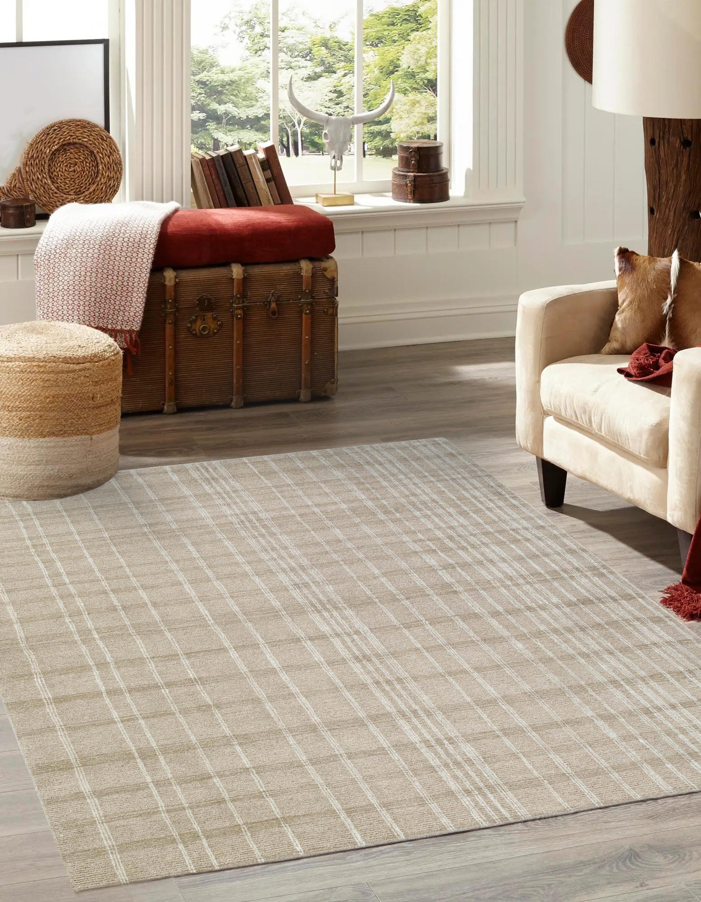 Terra by Obeetee Grid 2'7" x 8' Runner Rug, Taupe, rollover