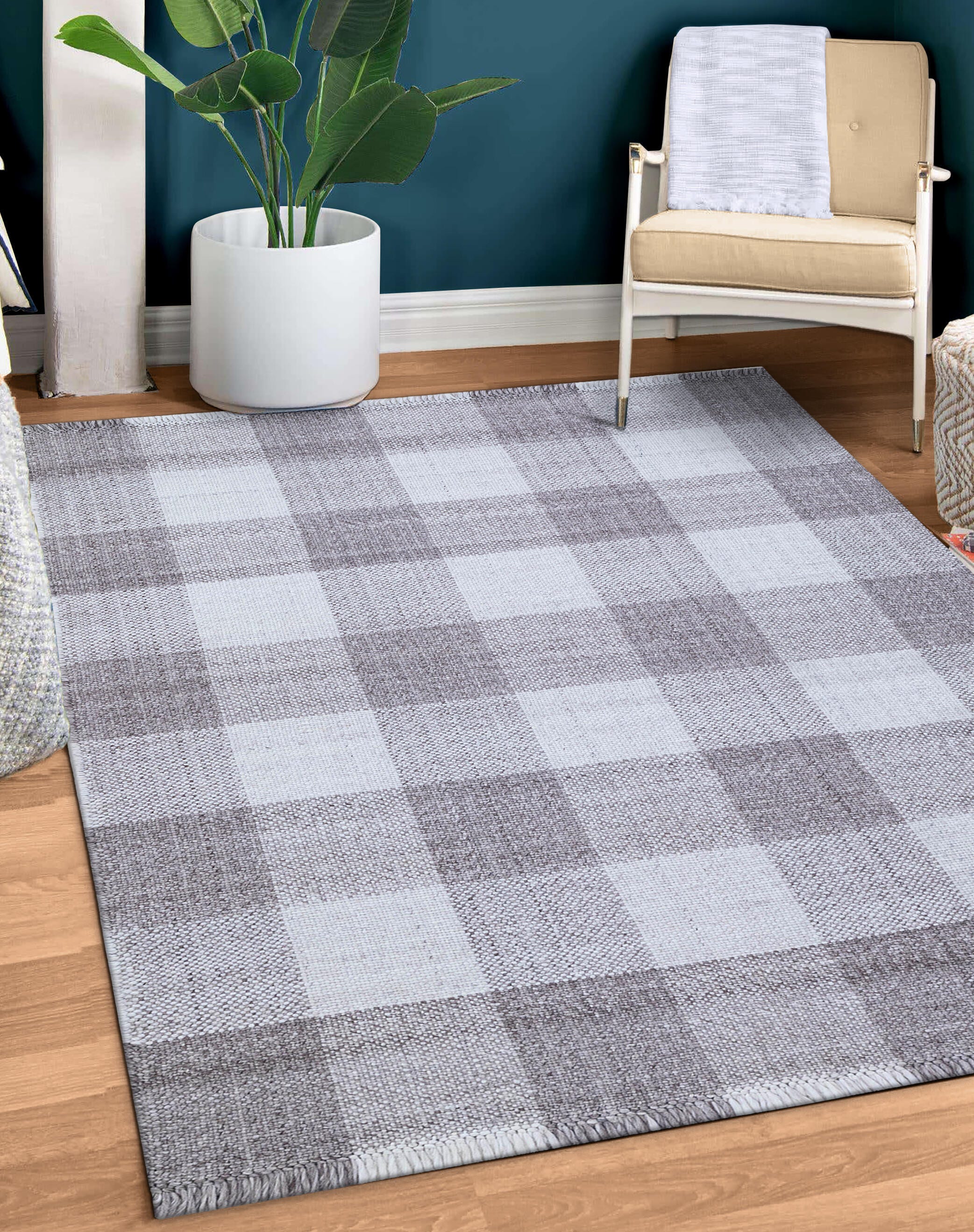 Terra by Obeetee Gingham 3'1" x 5' Area Rug, Mocha/White, rollover