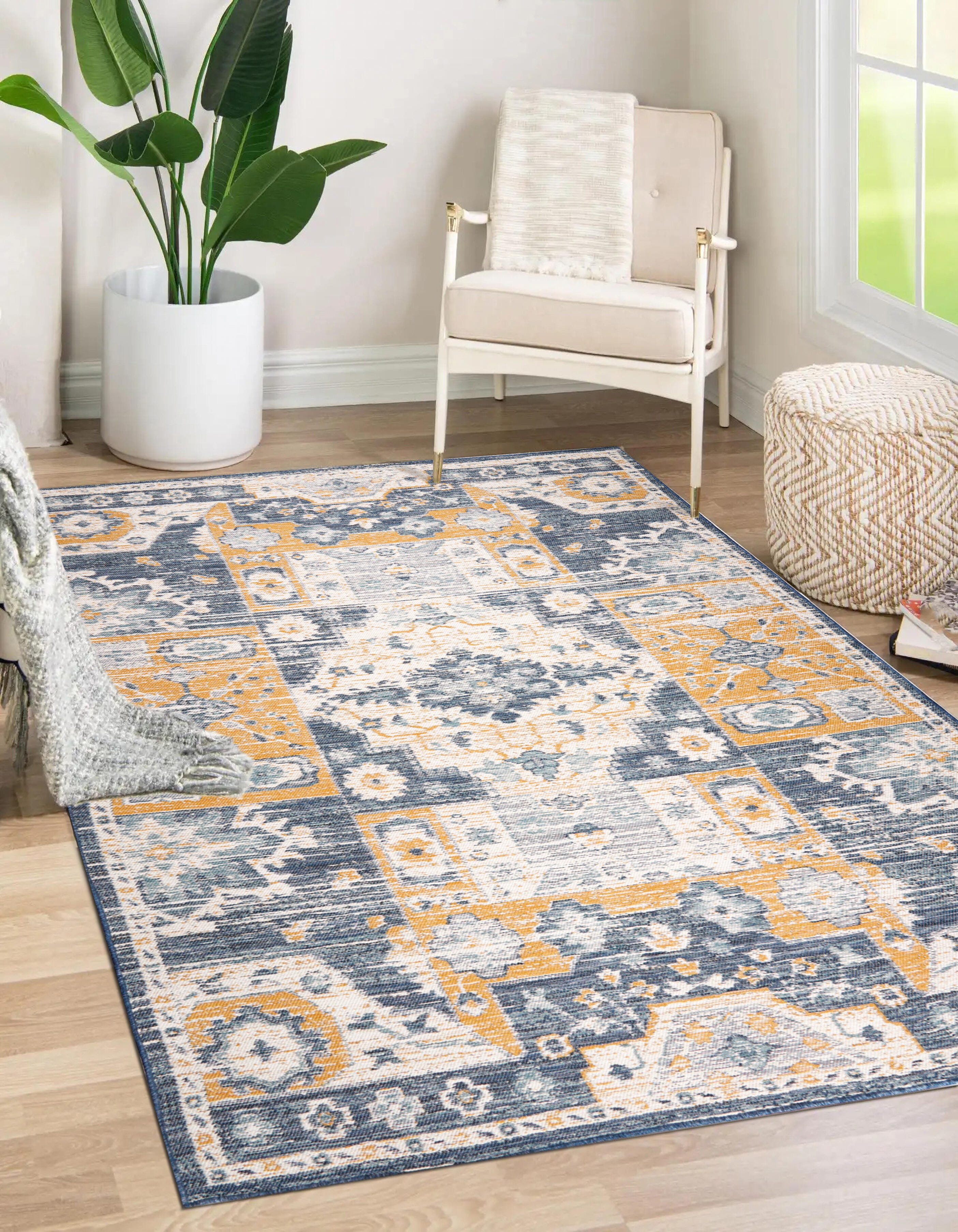 Terra by Obeetee Medallion 3' x 5' Area Rug, Blue/Mustard, rollover