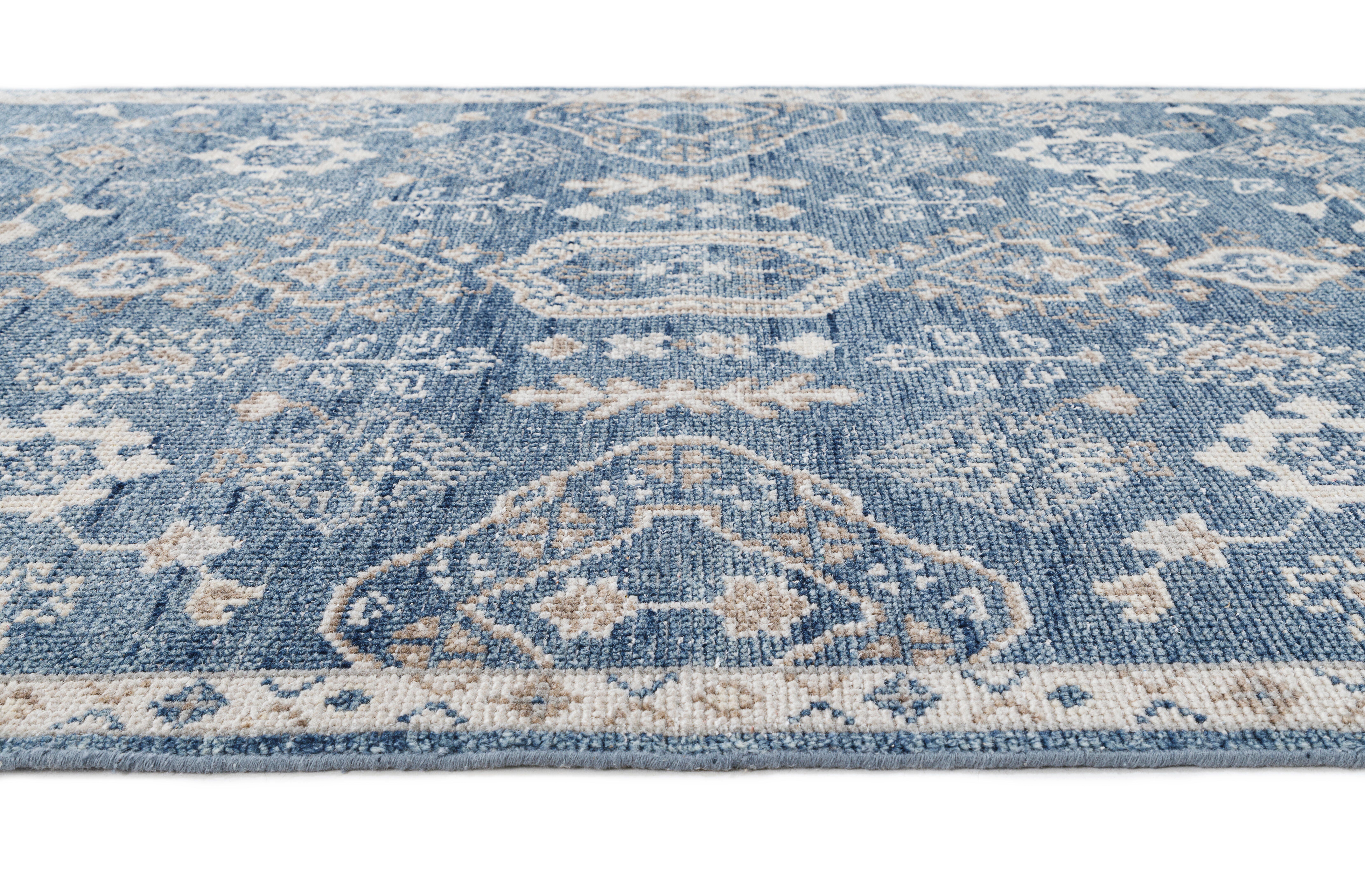 Terra by Obeetee Morrisa 2'7" x 8' Runner Rug, Blue/Beige, large