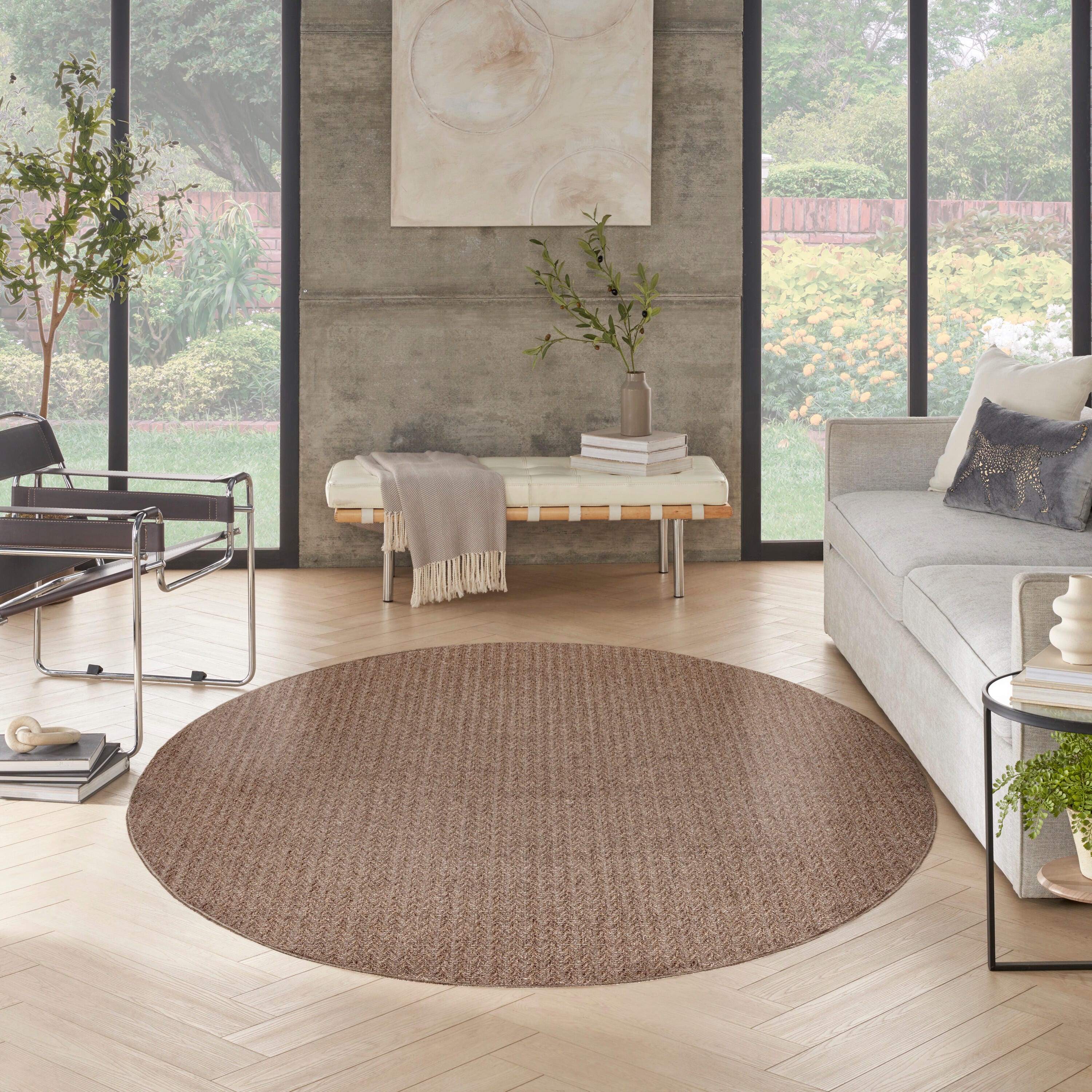 Nourison Home Tulum Chevron 8' Round Area Rug, Brown, large