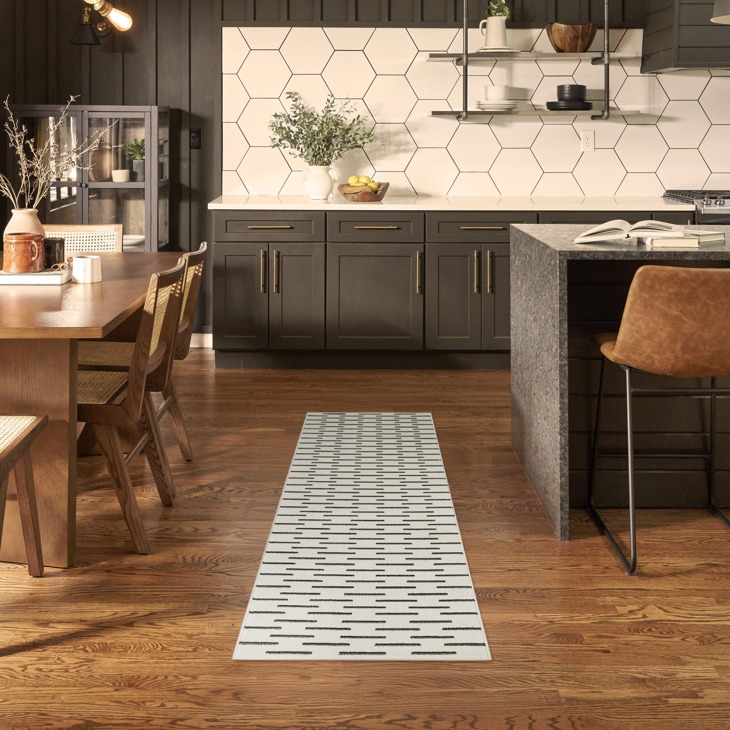 Nourison Home Nordic Dashed Lines 2' x 6' Runner Rug, Ivory/Black, rollover