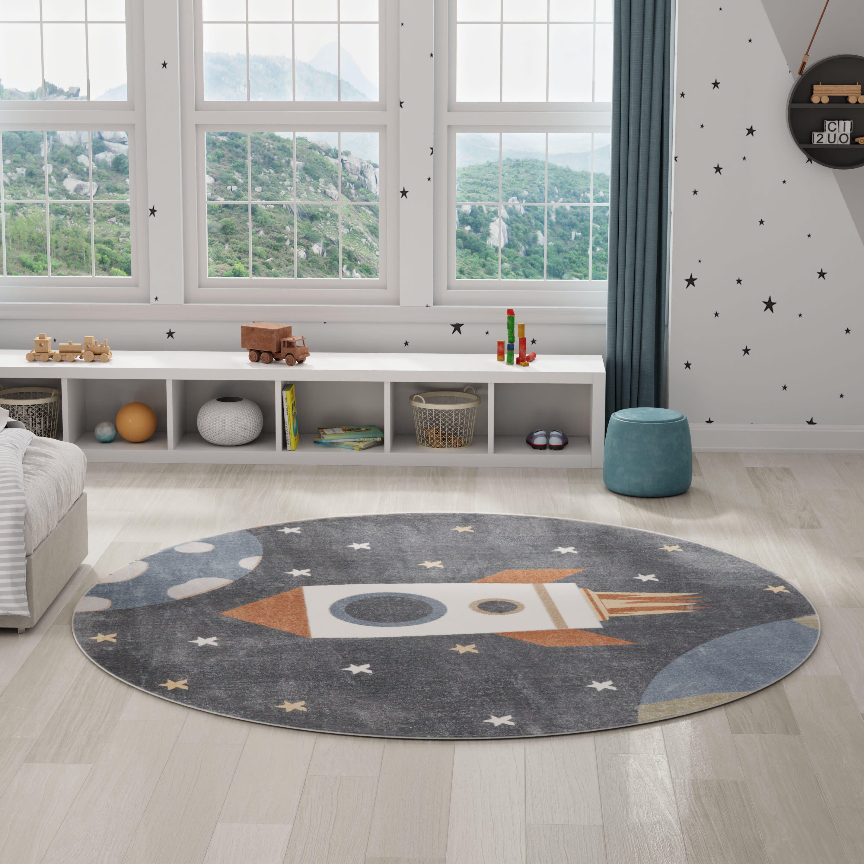 Nourison Home Astra Geometric 7'10" Round Area Rug, Sky Blue, large