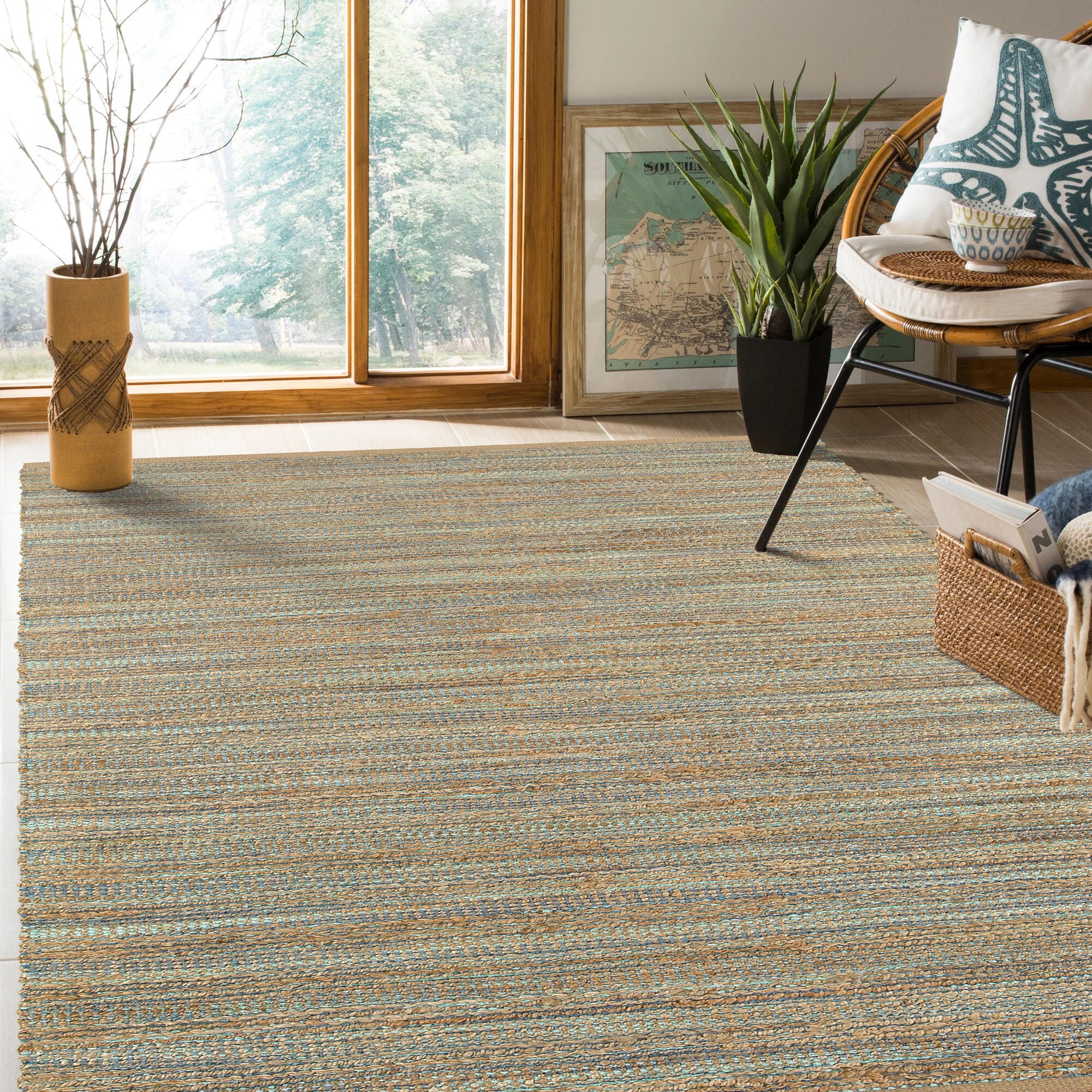 Suvii Home Pure Elements Striped 9' x 12' Area Rug, Blue/Tan, rollover