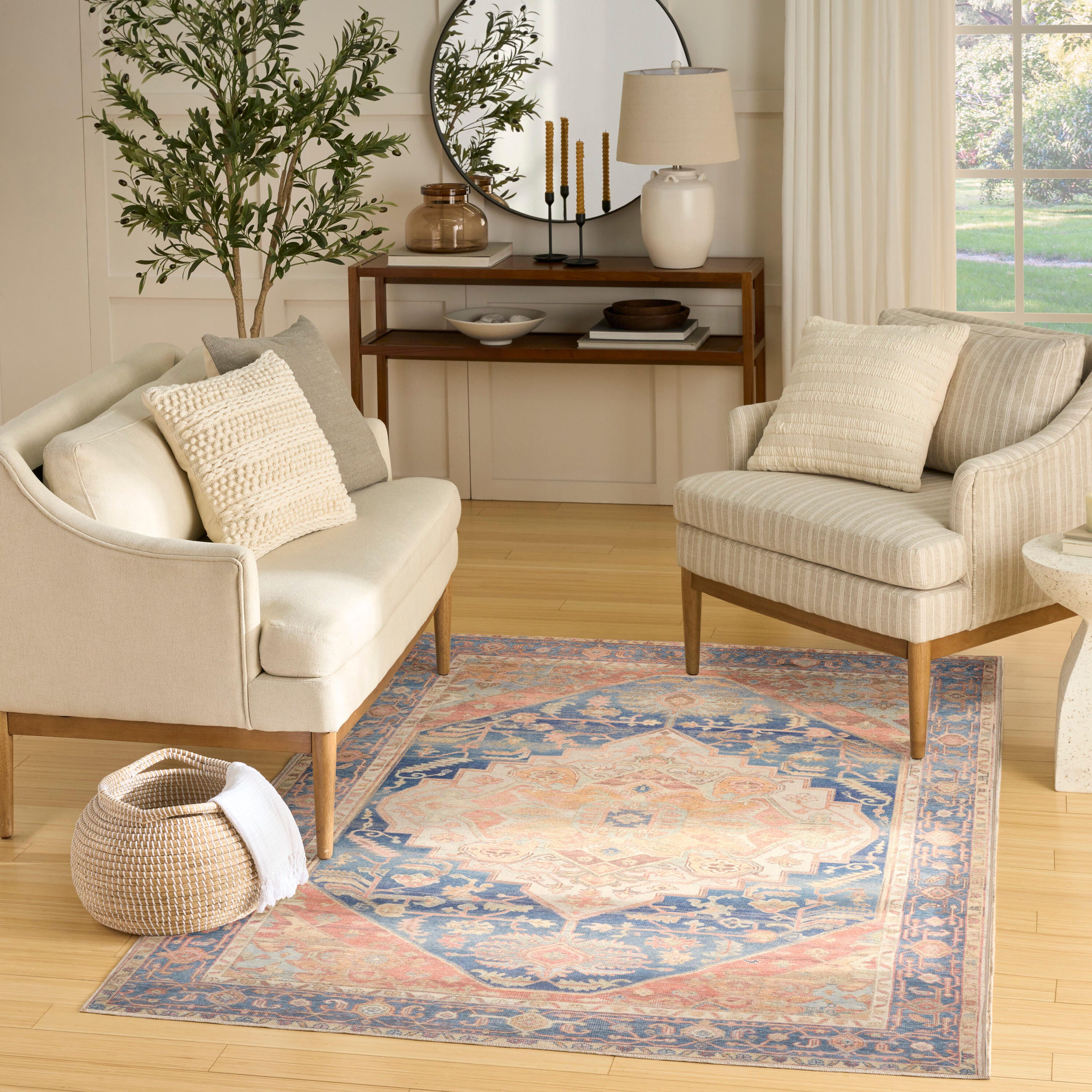 Nourison Home Vintage Washables Aesthetic 5'3" x 7'3" Area Rug, Blue/Coral, rollover