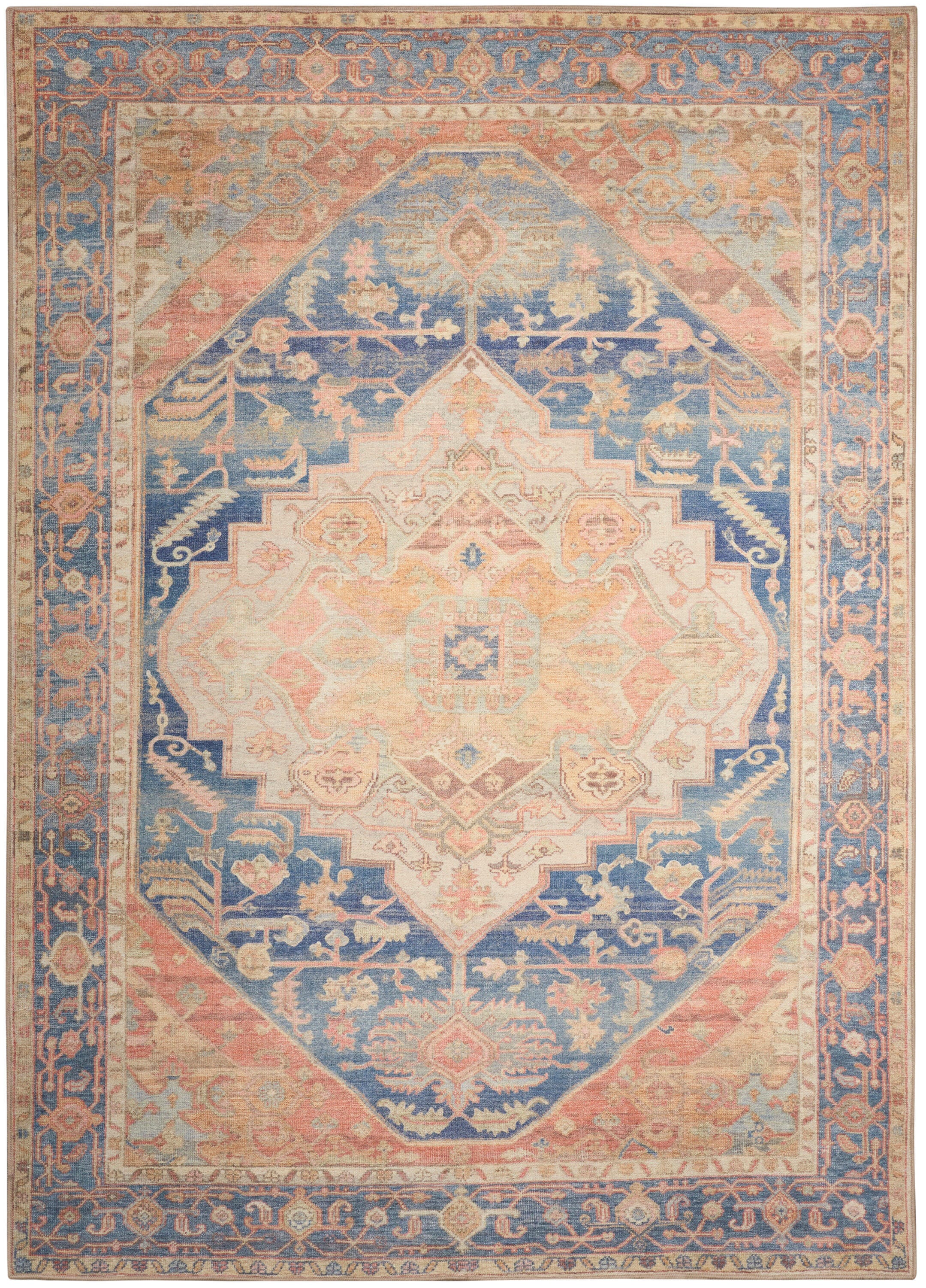 Nourison Home Vintage Washables Aesthetic 5'3" x 7'3" Area Rug, Blue/Coral, large