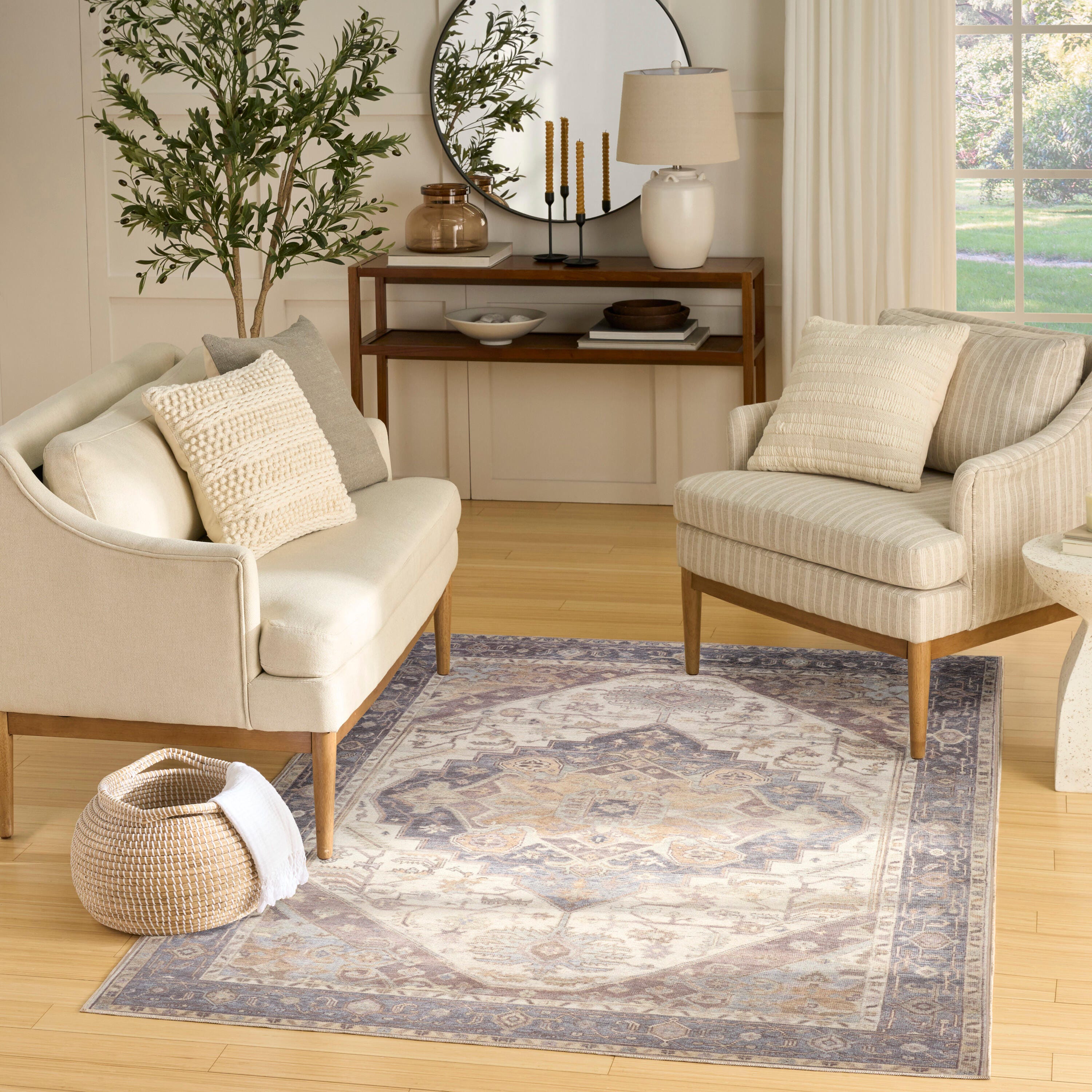 Nourison Home Vintage Washables Aesthetic 5'3" x 7'3" Area Rug, Ivory/Purple, rollover